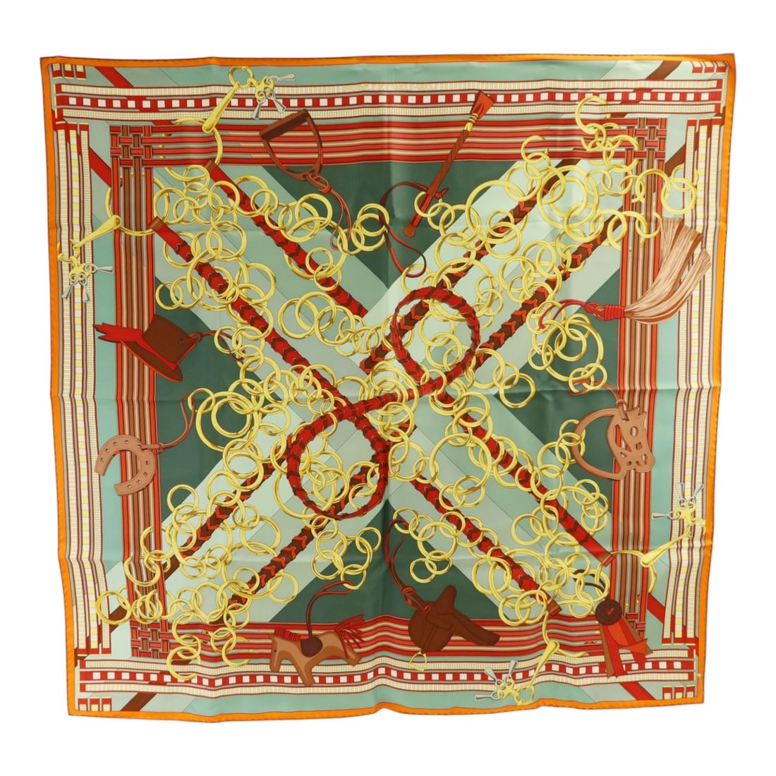 Hermes Silk Scarf 90x90 cm Green Pink Multicolor: Hermes Silk Scarf 90x90 cm Green Pink Multicolor Hermes 90x90 silk scarf in green, pink, and multicolor. Designed for women in regular size, it is made in France and comes with a storage box. Conditio