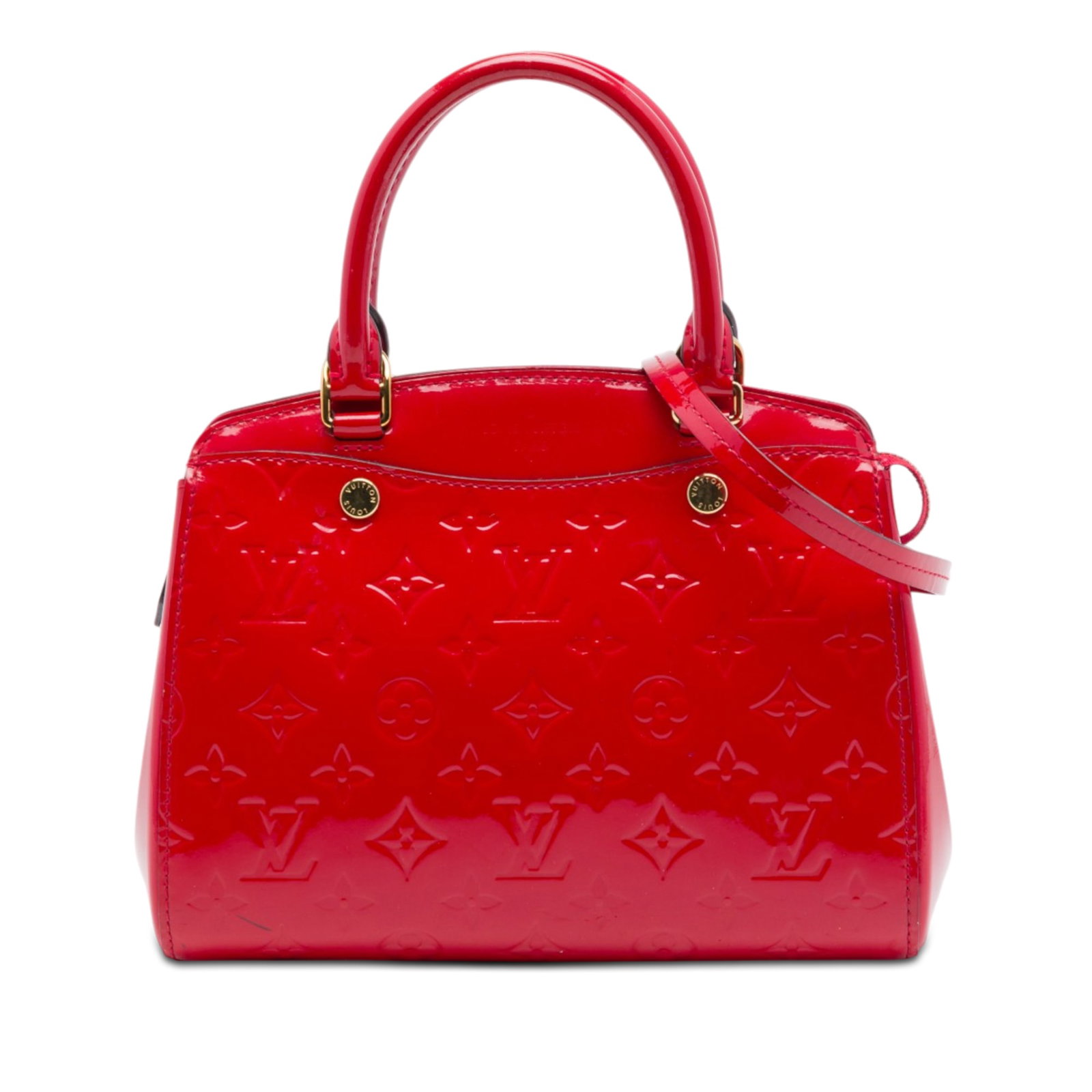 Louis Vuitton Brea PM Monogram Vernis red leather handbag: Louis Vuitton Brea PM Monogram Vernis red leather handbag Louis Vuitton Monogram Vernis Brea PM handbag in red vernis leather with rolled handles, a detachable strap, top zip closure, and an interior 