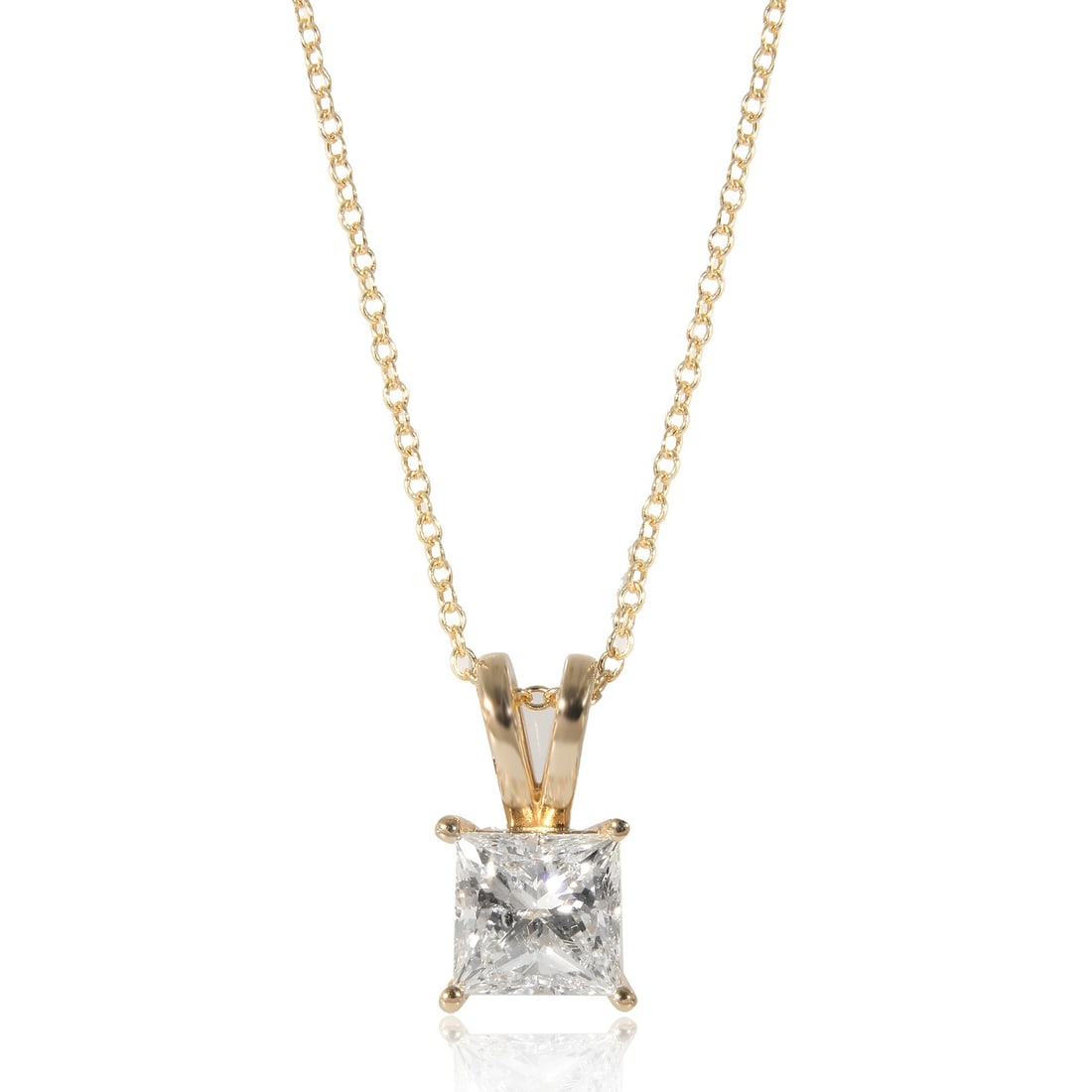 1.81 Carat Princess Cut Diamond Solitaire Pendant 14K Yellow Gold with GIA Report: 1.81 Carat Princess Cut Diamond Solitaire Pendant 14K Yellow Gold with GIA Report This pre-owned solitaire pendant features a 1.81 carat princess-cut diamond set in 14K yellow gold. The diamond is gra