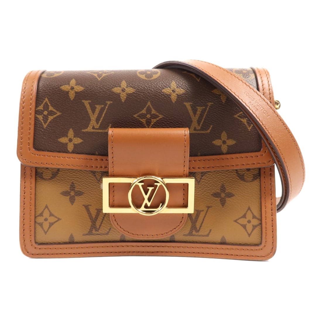Louis Vuitton Mini Dauphine Shoulder Bag M44580 Monogram Reverse Brown: Louis Vuitton Mini Dauphine Shoulder Bag M44580 Monogram Reverse Brown Louis Vuitton Mini Dauphine shoulder bag in brown Monogram Reverse and PVC coated canvas, model M44580. It features a magnetic po