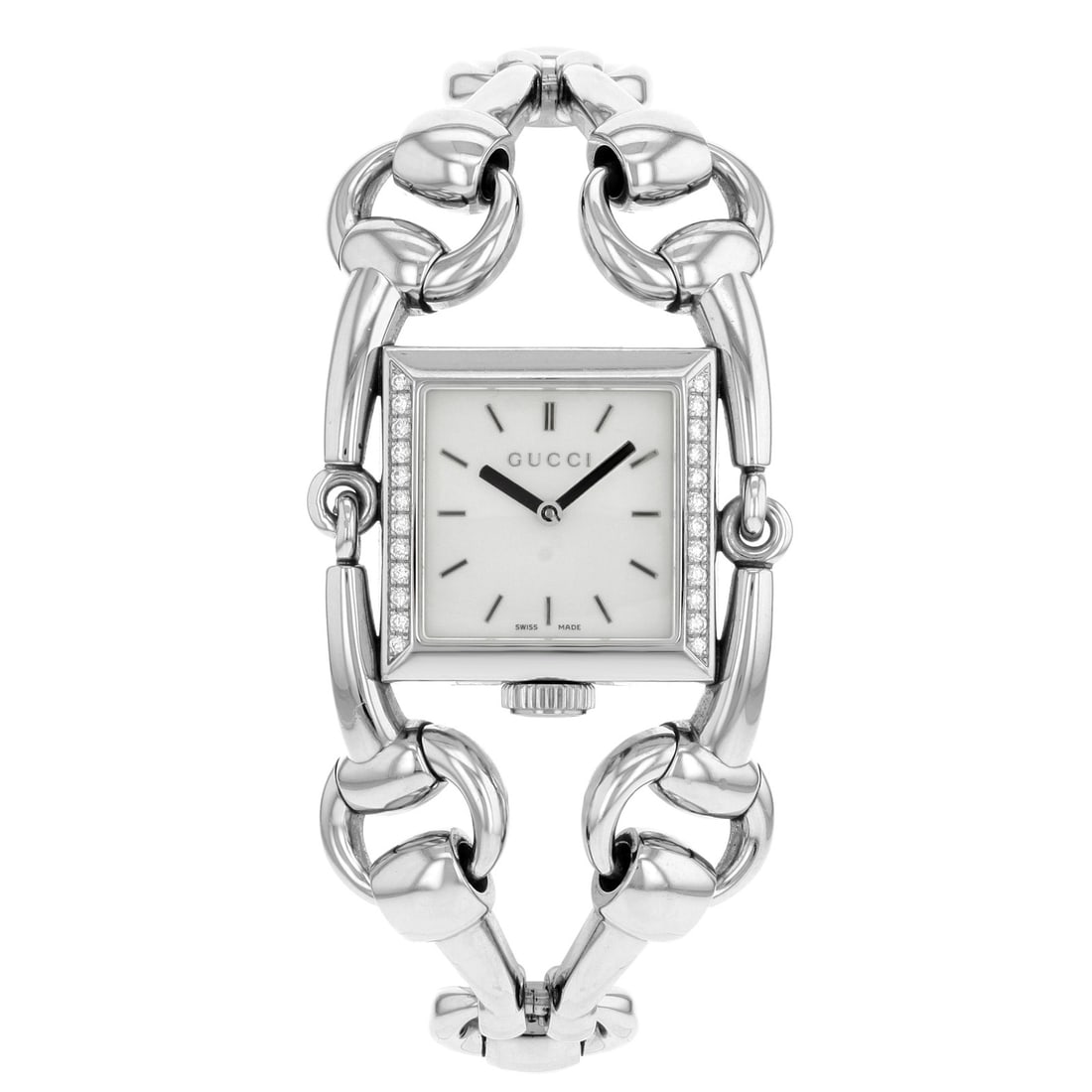 Gucci Signoria 116 Diamond Bezel White Dial Stainless Steel Quartz Women's Watch: Gucci Signoria 116 Diamond Bezel White Dial Stainless Steel Quartz Women's Watch This Gucci 116 Signoria ladies wristwatch features a white mother of pearl square dial with stick indexes and a polishe