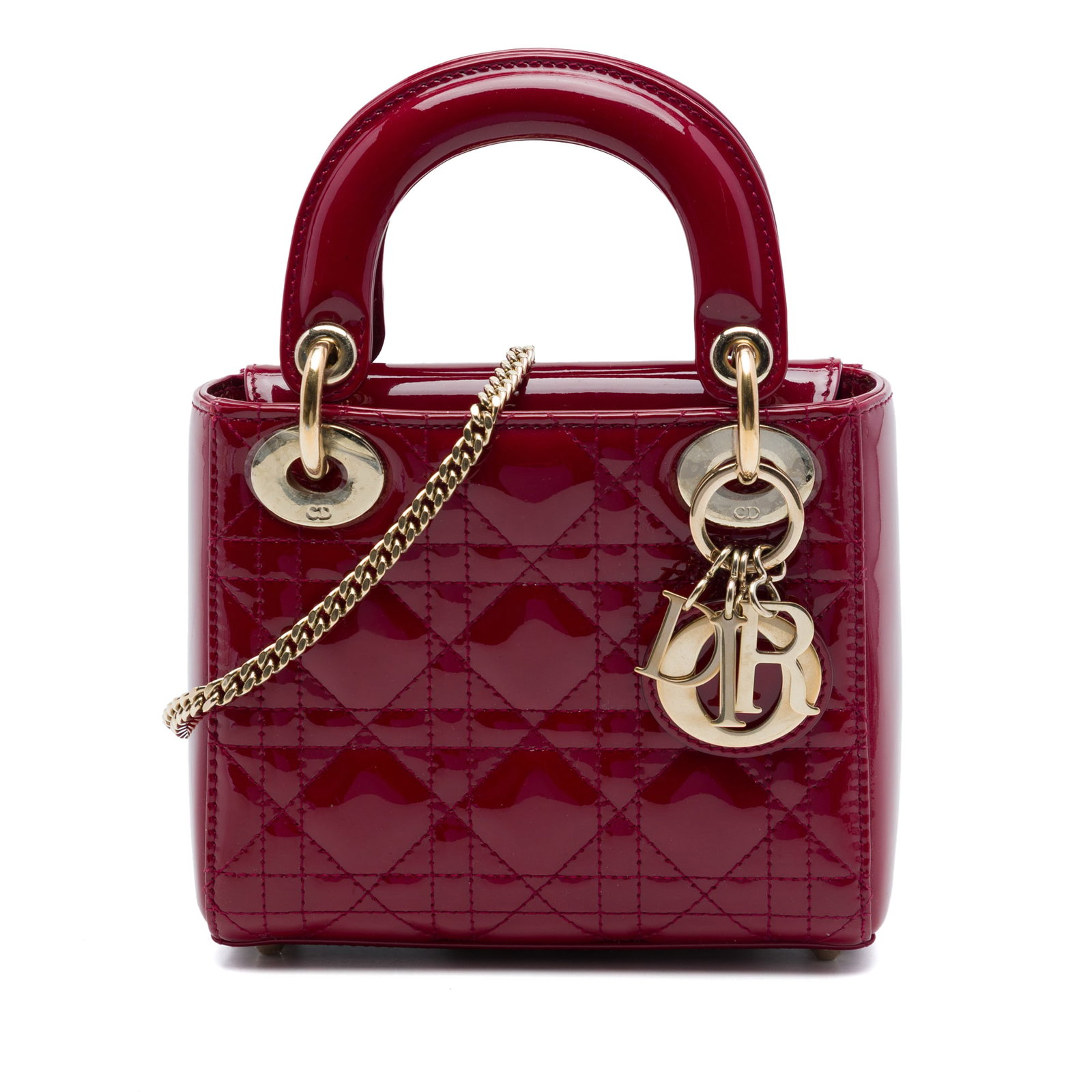 Dior Lady Dior Mini Cannage Patent Leather Handbag Red: Dior Lady Dior Mini Cannage Patent Leather Handbag Red Mini Lady Dior bag in red patent leather with Cannage quilting. This Italian-made handbag features flat top handles, a detachable chain link stra