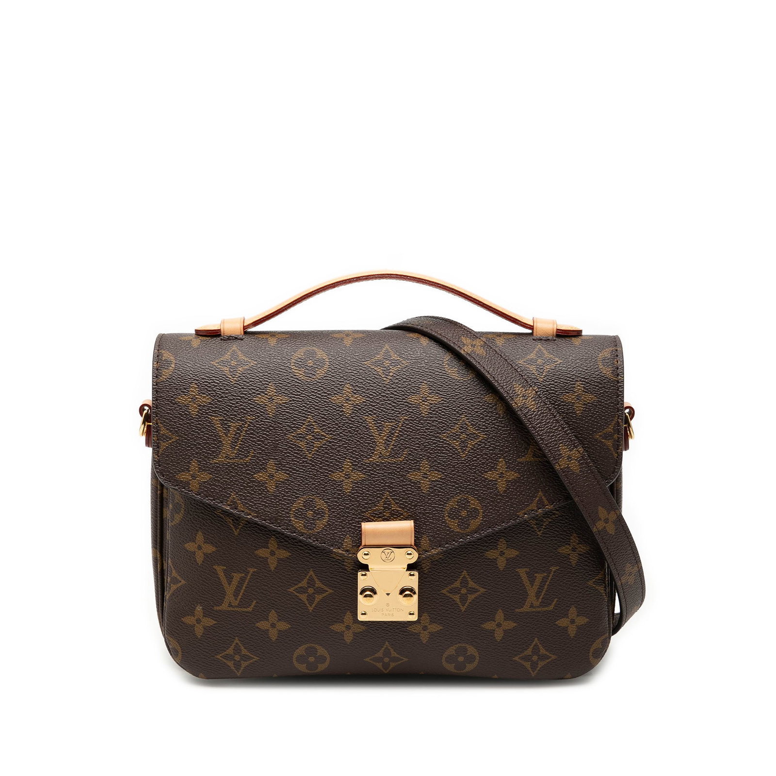 Louis Vuitton Monogram Pochette Metis Shoulder Bag: Louis Vuitton Monogram Pochette Metis Shoulder Bag Louis Vuitton Monogram Pochette Metis bag in brown monogram canvas with a flat vachetta leather top handle and a detachable flat shoulder strap. It f