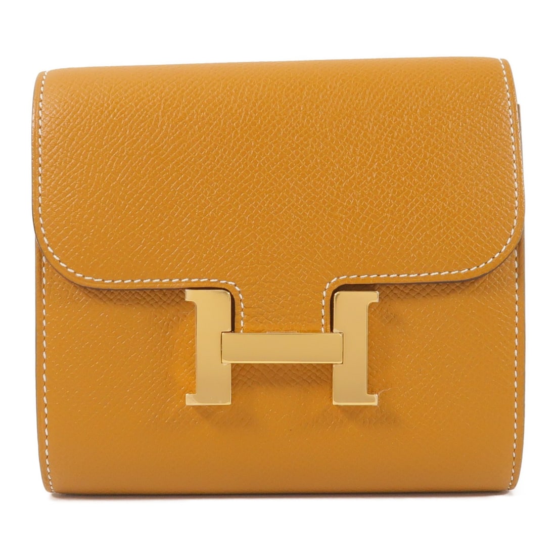 Hermes Constance Compact Wallet Epsom Leather Gold Tone: Hermes Constance Compact Wallet Epsom Leather Gold Tone Compact wallet in Epsom leather with a gold and brown color combination. The item is identified as a Constance model and is in very good AB cond