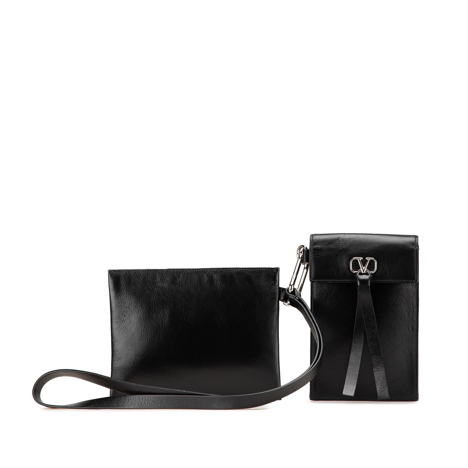 Valentino Black Leather VRing Neck Pouch Crossbody Bag: Valentino Black Leather VRing Neck Pouch Crossbody Bag Introducing the Valentino Leather VRing Neck Pouch, an elegant crossbody bag crafted from premium leather. This chic accessory features a detacha