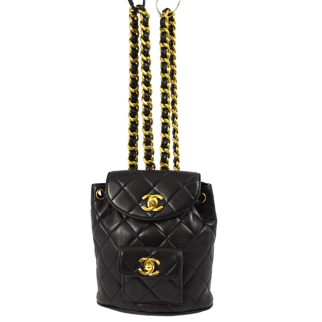 CHANEL Duma Mini Backpack Black Lambskin Chain Strap: CHANEL Duma Mini Backpack Black Lambskin Chain Strap Small Chanel Duma backpack in black lambskin with a drawstring closure, logo accents, and chain strap. Made in France, this women's mini backpack f
