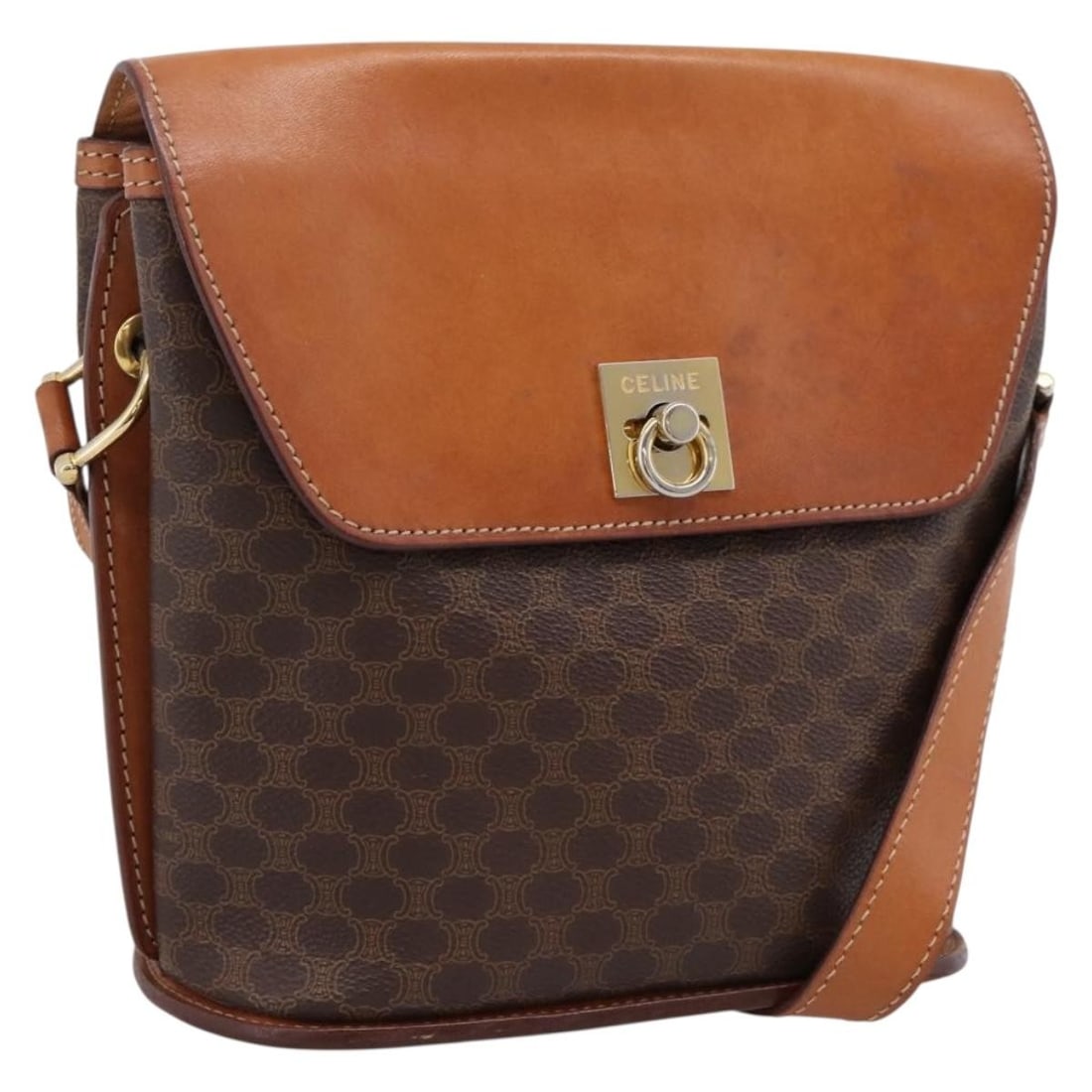 Celine Macadam Brown Canvas Bag 21cm Italy: Celine Macadam Brown Canvas Bag 21cm Italy Celine Macadam bag in brown canvas with leather trim. This pre-owned piece is in good condition with signs of use, including loss of shape, light wear, light