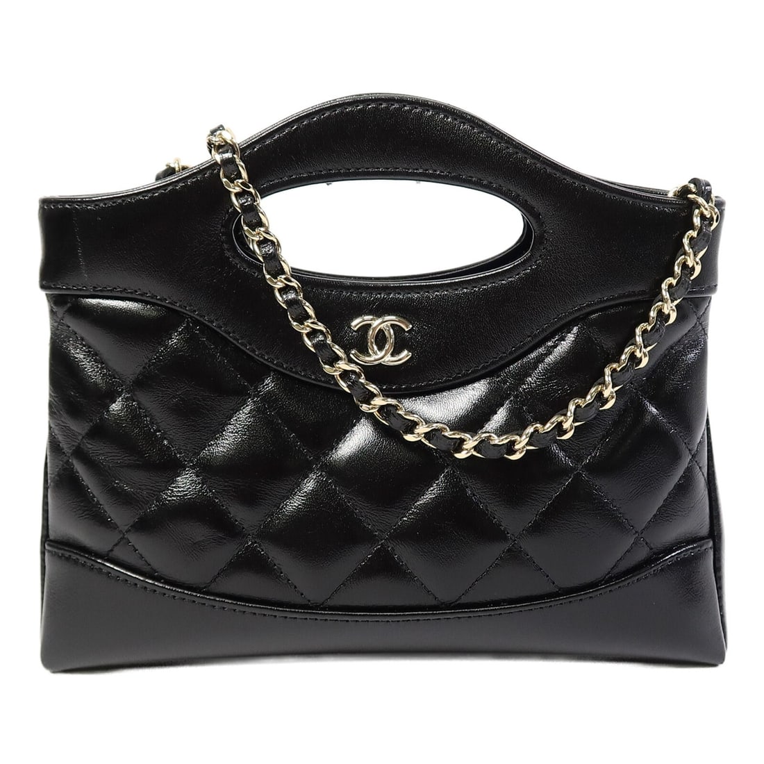 CHANEL 31 Nano Black Calfskin Crossbody Shoulder Bag SHW AP3656: CHANEL 31 Nano Black Calfskin Crossbody Shoulder Bag SHW AP3656 A Chanel 31 Nano crossbody chain shoulder bag in black calfskin leather with silver-tone hardware. It features a magnetic pocket and one