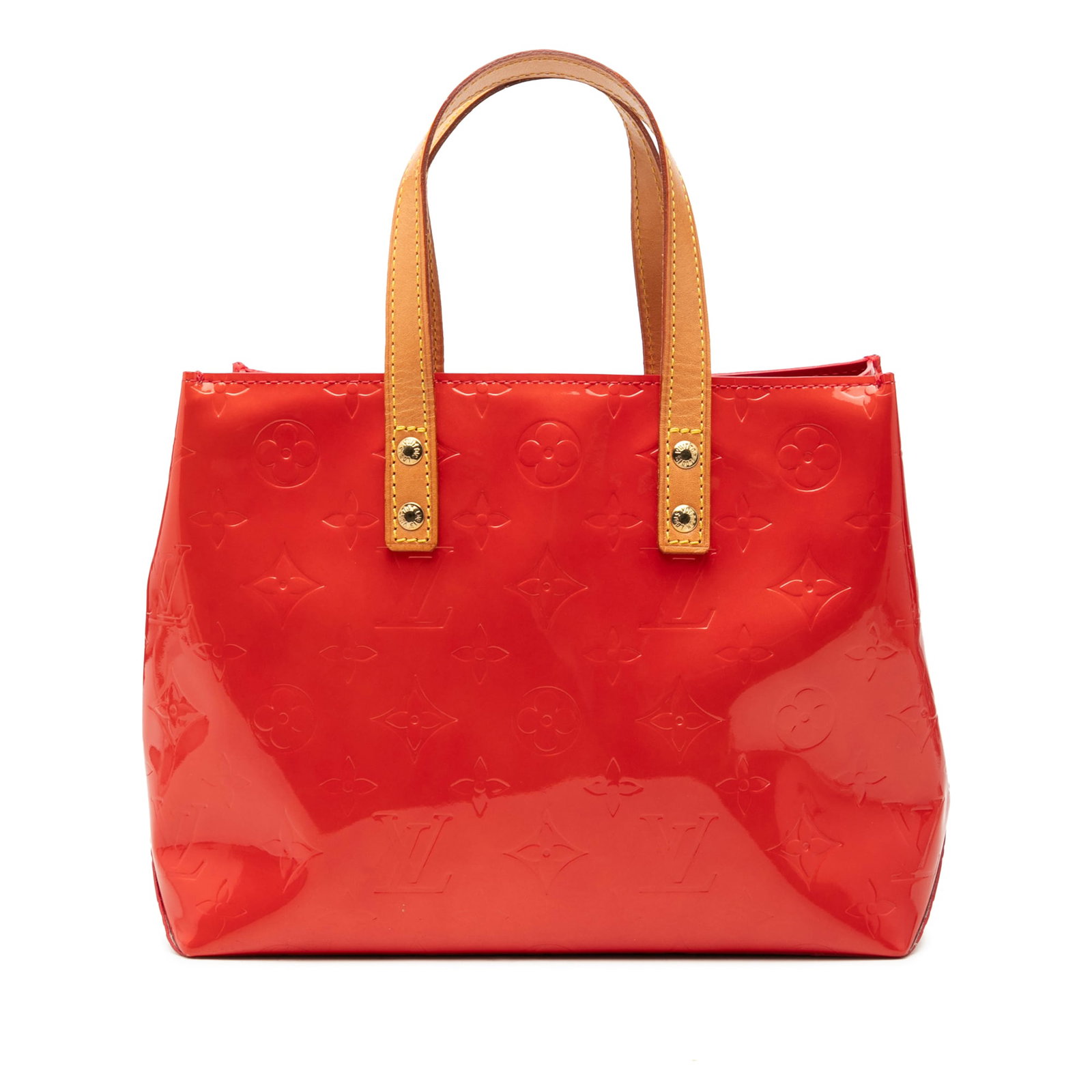 Louis Vuitton Reade PM Monogram Vernis Leather Handbag: Louis Vuitton Reade PM Monogram Vernis Leather Handbag Louis Vuitton Monogram Vernis Reade PM handbag crafted in red leather with flat vachetta leather handles, an open top, and an interior zip pocket