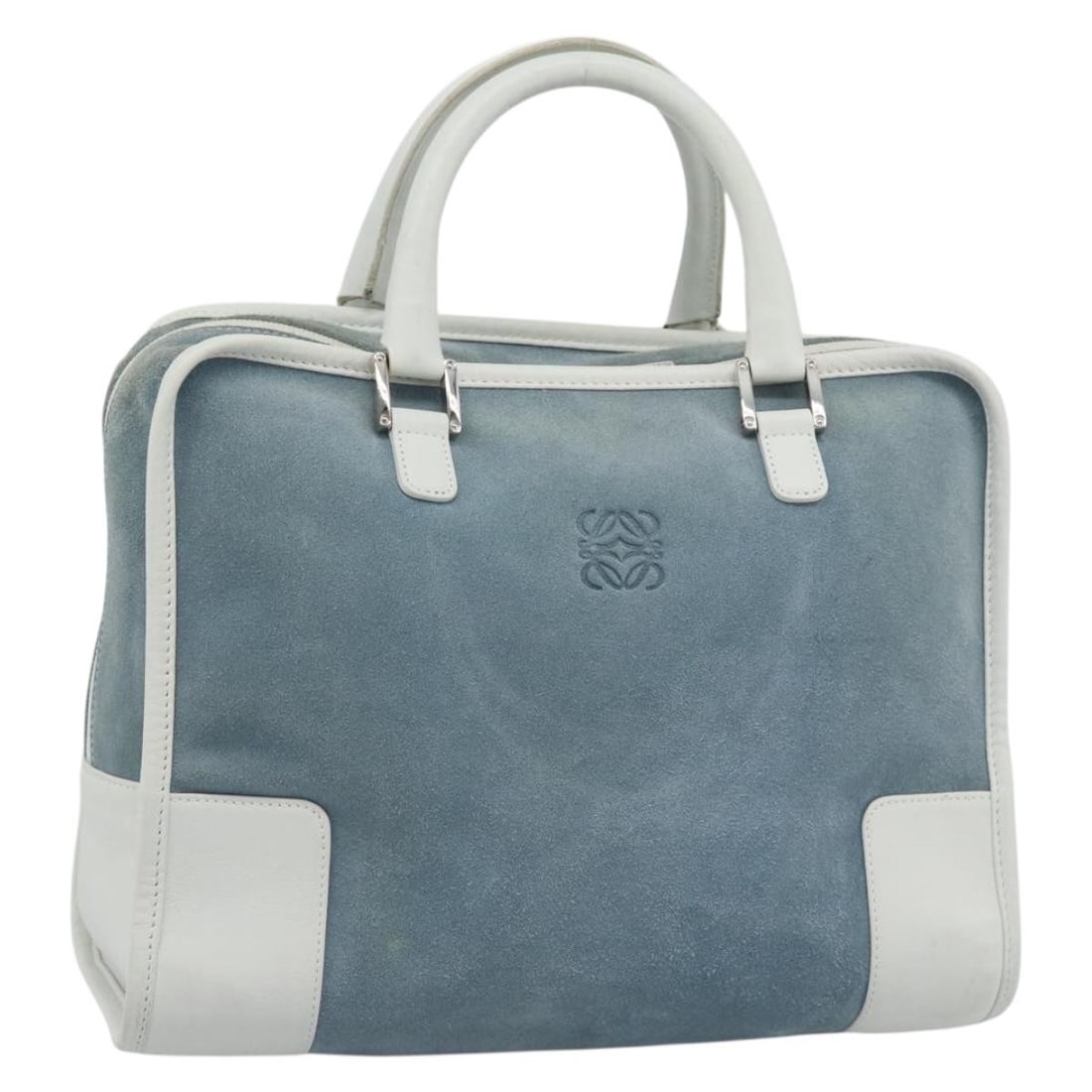 LOEWE Amazona 30 suede handbag light blue silver tone: LOEWE Amazona 30 suede handbag light blue silver tone LOEWE Amazona 30 handbag in light blue suede with silver-tone accents. Made in Spain and includes a dust bag. This pre-owned bag shows reasonable 