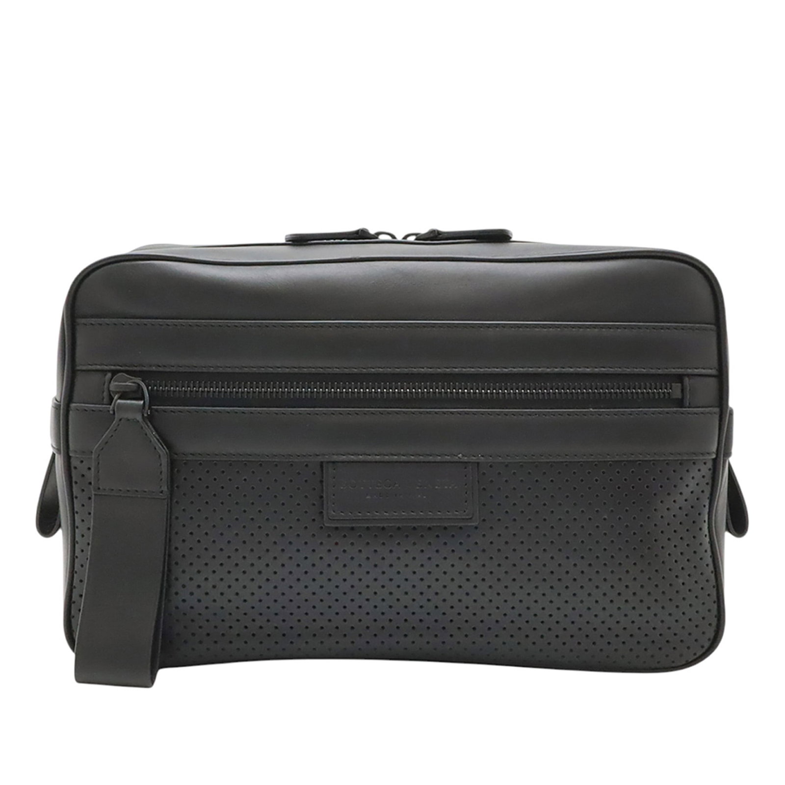 Bottega Veneta Leggero perforated calfskin belt bag black: Bottega Veneta Leggero perforated calfskin belt bag black A Bottega Veneta belt bag in black perforated calfskin leather, featuring an adjustable flat waist strap with buckle closure, a two-way top zi