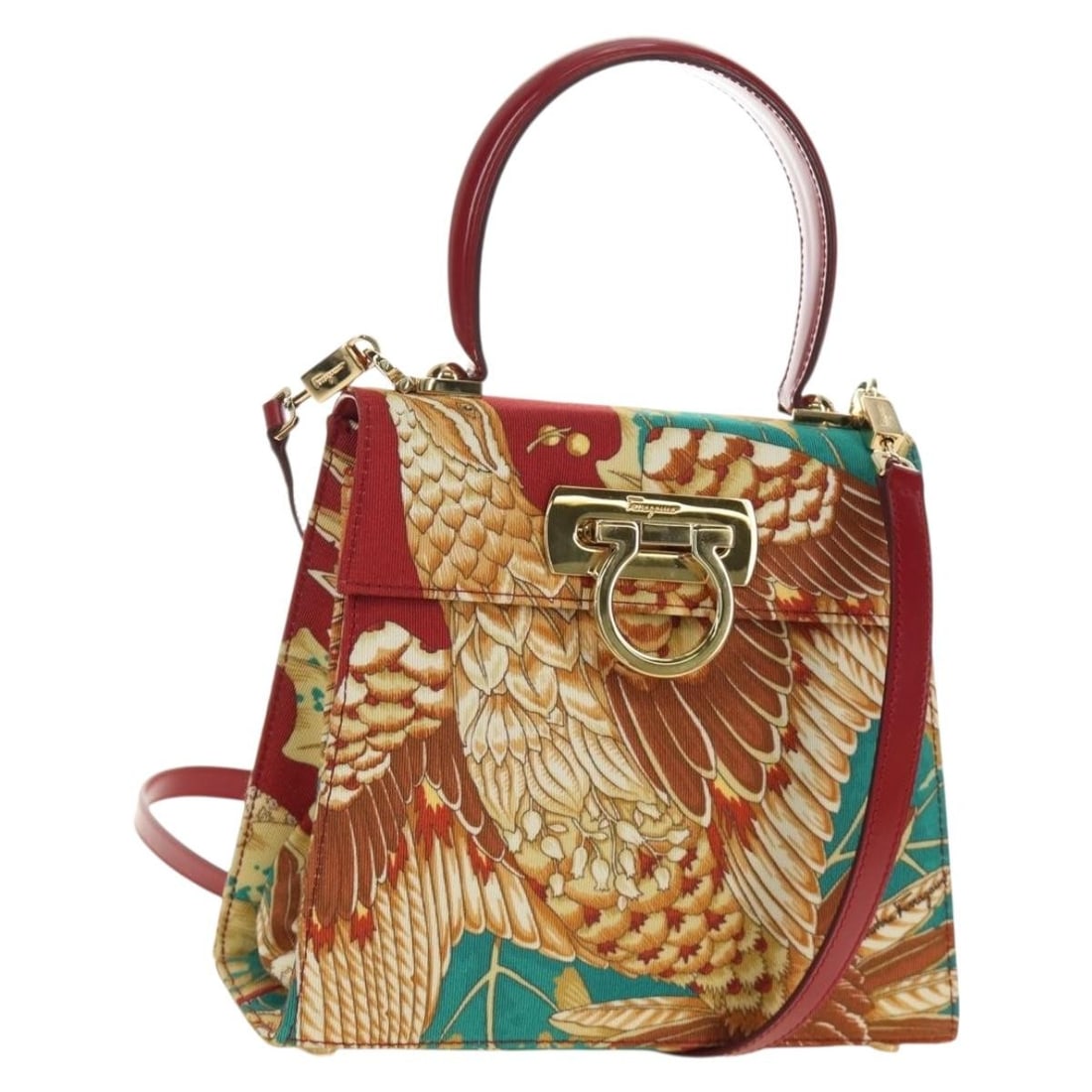 Salvatore Ferragamo Gancini Canvas 2way Handbag Red with Strap Dust Bag: Salvatore Ferragamo Gancini Canvas 2way Handbag Red with Strap Dust Bag Salvatore Ferragamo Gancini hand bag in red and gold canvas, made in Italy. This women's bag comes with a dust bag and shoulder 
