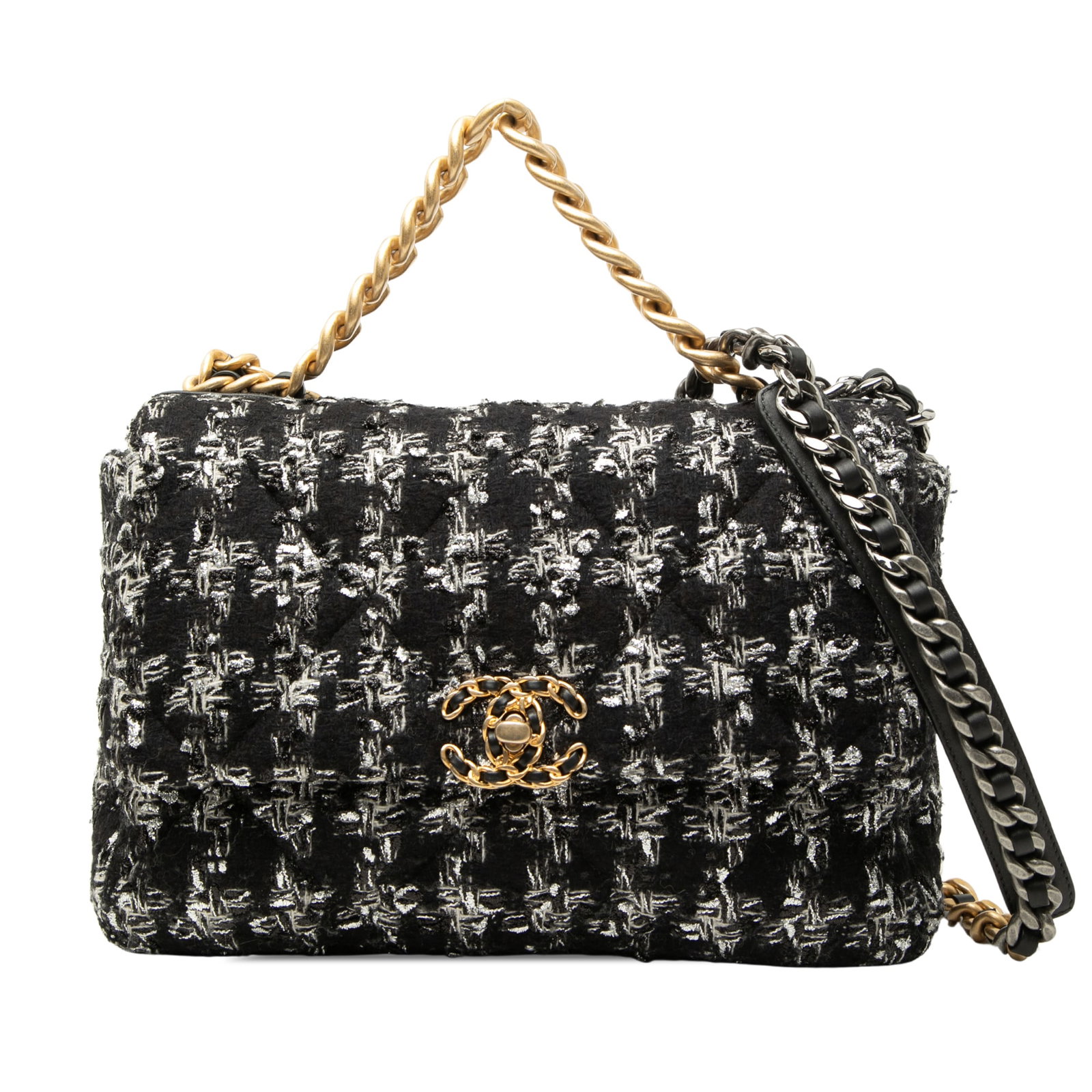 Chanel 19 Flap Large Tweed Shoulder Bag Black: Chanel 19 Flap Large Tweed Shoulder Bag Black Chanel Large Tweed 19 Flap bag in black fabric with a flap front and CC twist lock closure. The design includes a gold-tone chain link handle, a leather-w