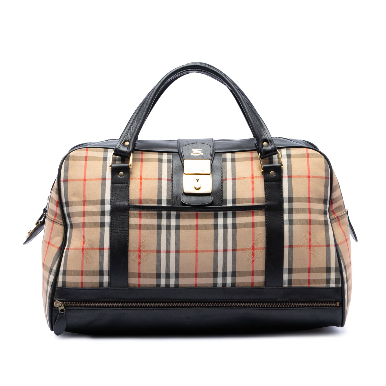 Burberry Haymarket Check Canvas Weekender Bag with Leather Trim: Burberry Haymarket Check Canvas Weekender Bag with Leather Trim Burberry Haymarket Check canvas travel bag with leather trim, flat leather handles, a top strap with metal lock closure, and a top zip c