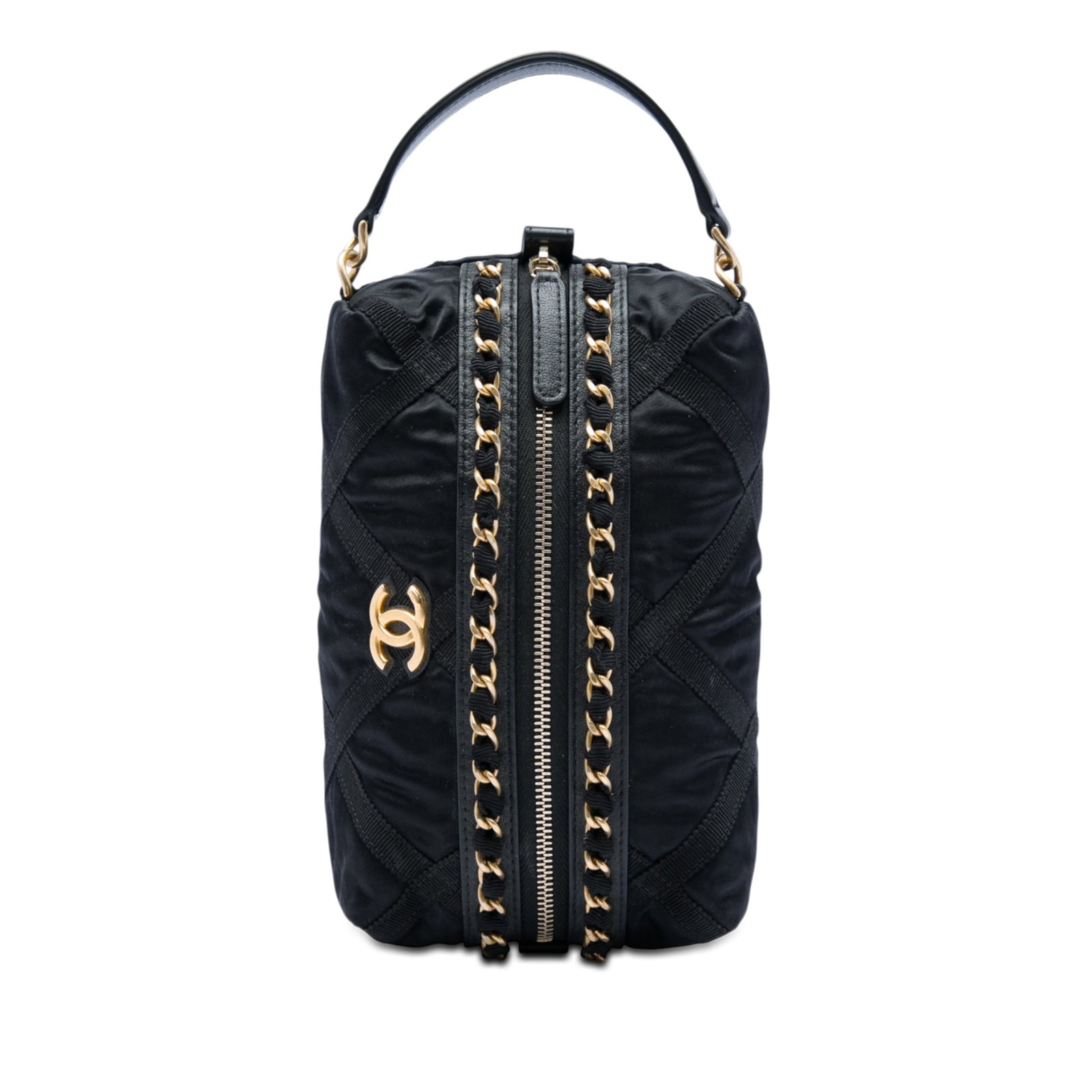 Chanel Nylon Grosgrain Pouch with Sleep Mask Black: Chanel Nylon Grosgrain Pouch with Sleep Mask Black Chanel lifestyle pouch crafted with a nylon body and grosgrain trim, featuring a flat leather handle, front zip closure, and included sleep mask. Con