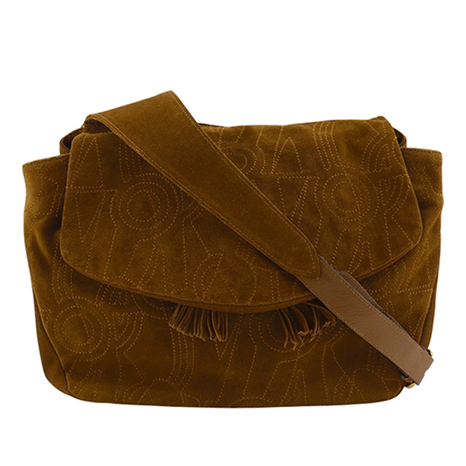 Ferragamo suede drawstring crossbody bag with tassel brown: Ferragamo suede drawstring crossbody bag with tassel brown A Ferragamo crossbody bag in brown suede leather, made in Italy. It features a flat leather strap, drawstring and magnetic snap closure, an i