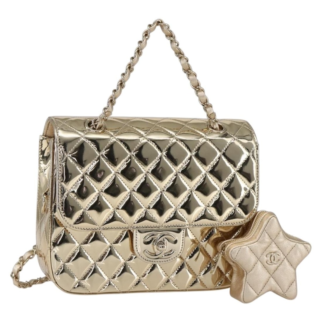 CHANEL Gold Patent Leather Matelasse Backpack with CC Dust Bag Box Pouch: CHANEL Gold Patent Leather Matelasse Backpack with CC Dust Bag Box Pouch This CHANEL Matelasse backpack is crafted in patent leather with a gold exterior. It is a women's backpack made in Italy and co