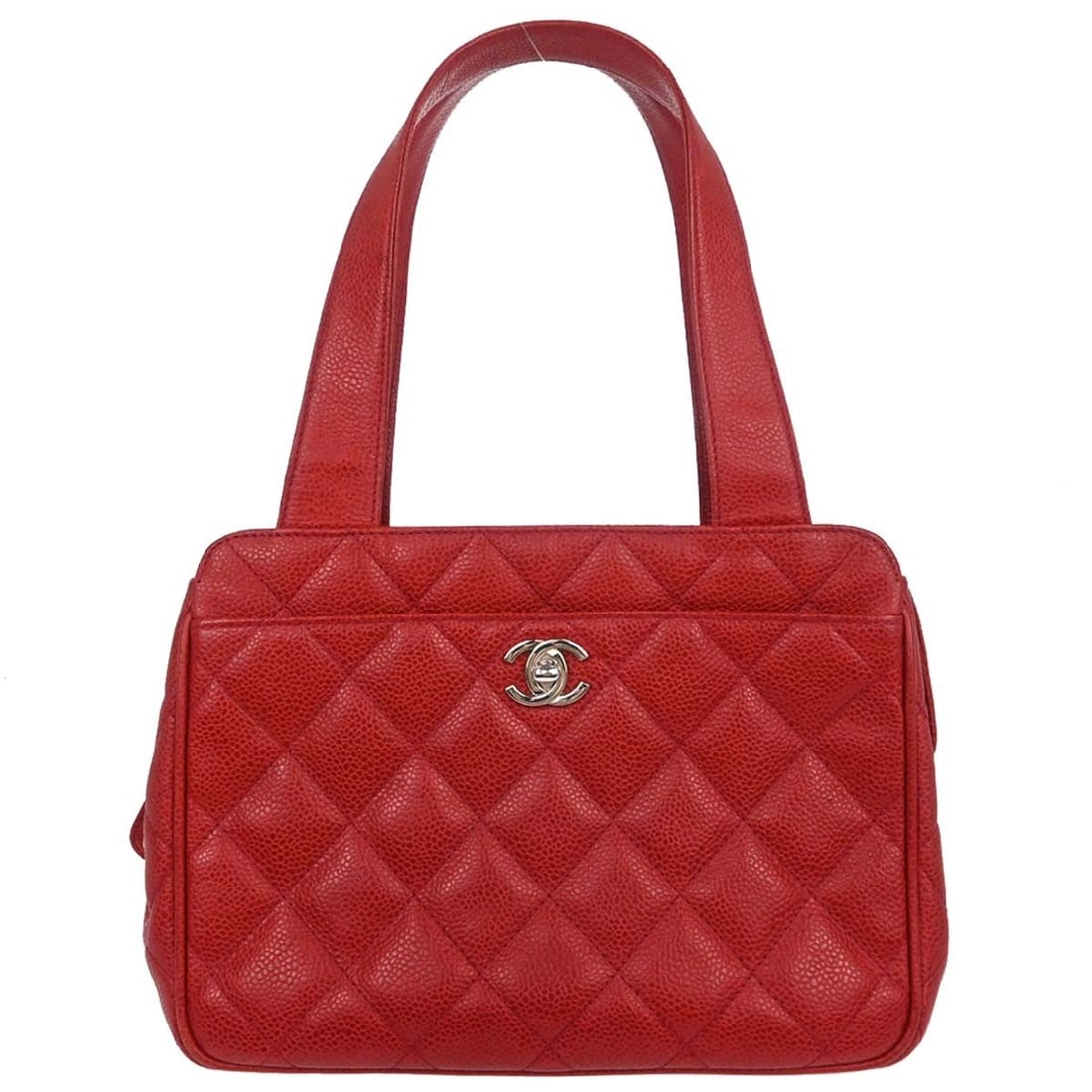 CHANEL Caviar Red Calfskin Top Handle Bag: CHANEL Caviar Red Calfskin Top Handle Bag Chanel top handle handbag in red caviar skin leather with a zip closure, leather lining, logo accents, and inner pockets. Made in Italy, this medium handbag f