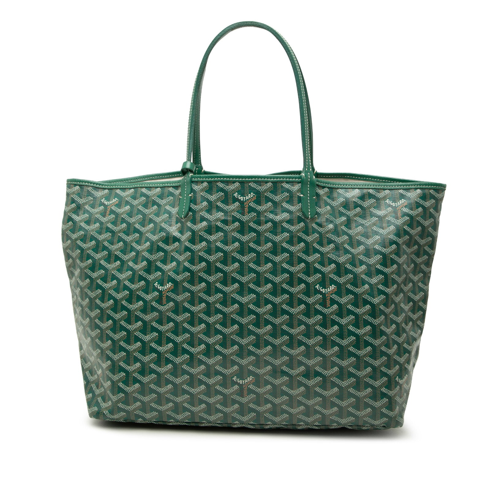 Goyard Saint Louis PM Green Coated Canvas Tote Bag: Goyard Saint Louis PM Green Coated Canvas Tote Bag The Goyardine Saint Louis PM is a tote bag with a coated canvas body, leather trim, flat leather handles, an open top, and an included flap pouch. Fi