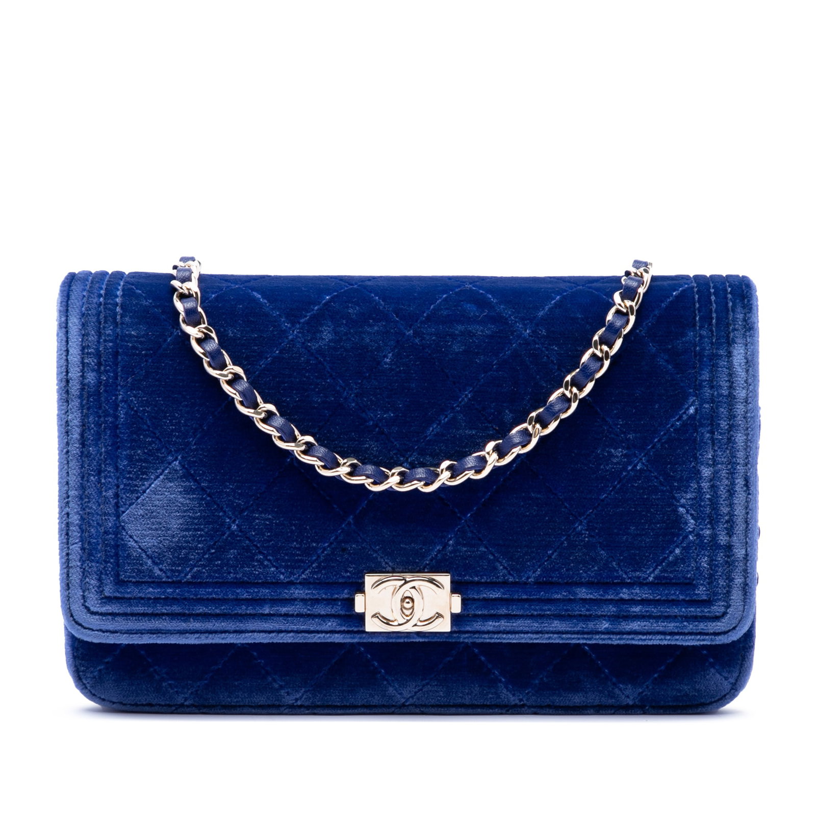 Chanel Boy Wallet On Chain Blue Quilted Velvet Bag: Chanel Boy Wallet On Chain Blue Quilted Velvet Bag Chanel Boy Wallet On Chain in blue quilted velvet with a leather-woven chain strap and front flap with magnetic snap closure. The interior includes z