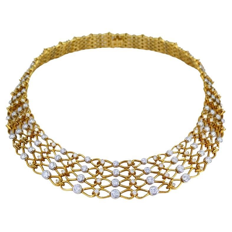 Tiffany Co Diamond Collar Necklace in 18k Yellow Gold Platinum: Tiffany Co Diamond Collar Necklace in 18k Yellow Gold Platinum Vintage Tiffany & Co. collar necklace in a wide geometric openwork design, crafted in 18k yellow gold with platinum settings for the diam