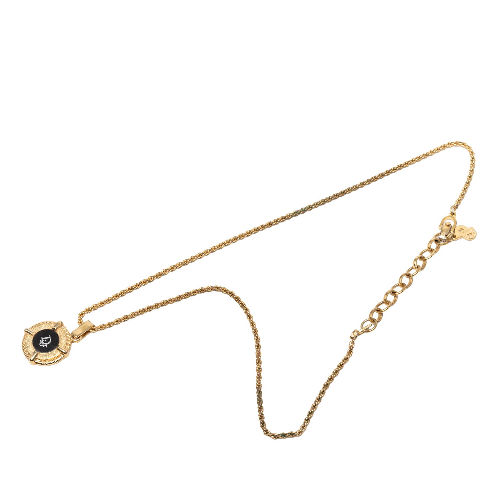 Dior round logo pendant necklace in gold plated enamel: Dior round logo pendant necklace in gold plated enamel Dior round pendant necklace featuring a gold-tone and enamel logo pendant with a gold-tone chain and flip lock closure. This costume jewelry piec
