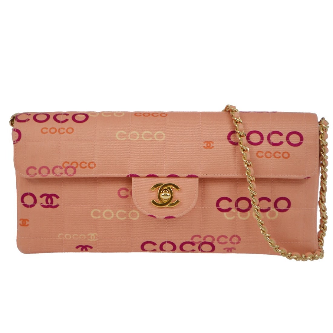 CHANEL COCO East West Choco Bar Pink Canvas Shoulder Bag: CHANEL COCO East West Choco Bar Pink Canvas Shoulder Bag Chanel COCO East West Choco Bar shoulder bag in pink canvas with a lambskin lining. This medium shoulder bag features a flap turnlock closure, 