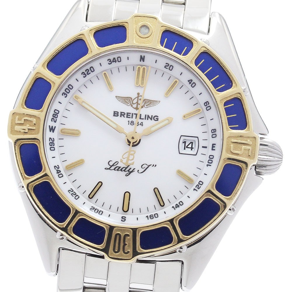 Breitling Lady J D52065 womens quartz watch with date YG bezel: Breitling Lady J D52065 womens quartz watch with date YG bezel Pre-owned Breitling Lady J wristwatch with date display and quartz movement. This women's watch features a white dial and a stainless ste