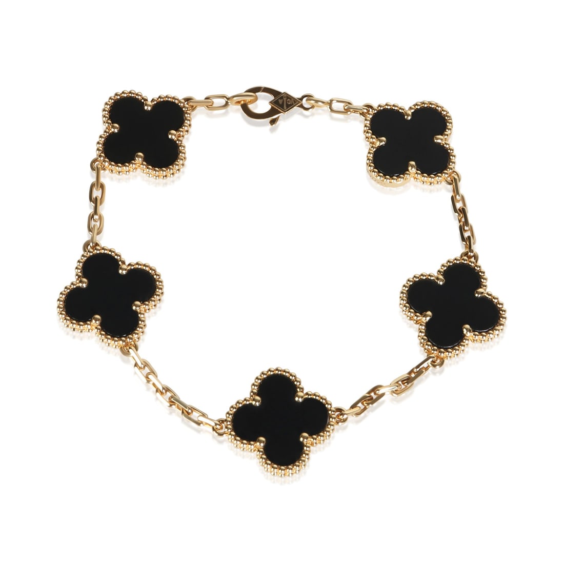 Van Cleef and Arpels Vintage Alhambra 18k Yellow Gold Onyx Bracelet: Van Cleef and Arpels Vintage Alhambra 18k Yellow Gold Onyx Bracelet Pre-owned Van Cleef & Arpels Vintage Alhambra bracelet featuring onyx set in 18k yellow gold. This women's bracelet includes the ori