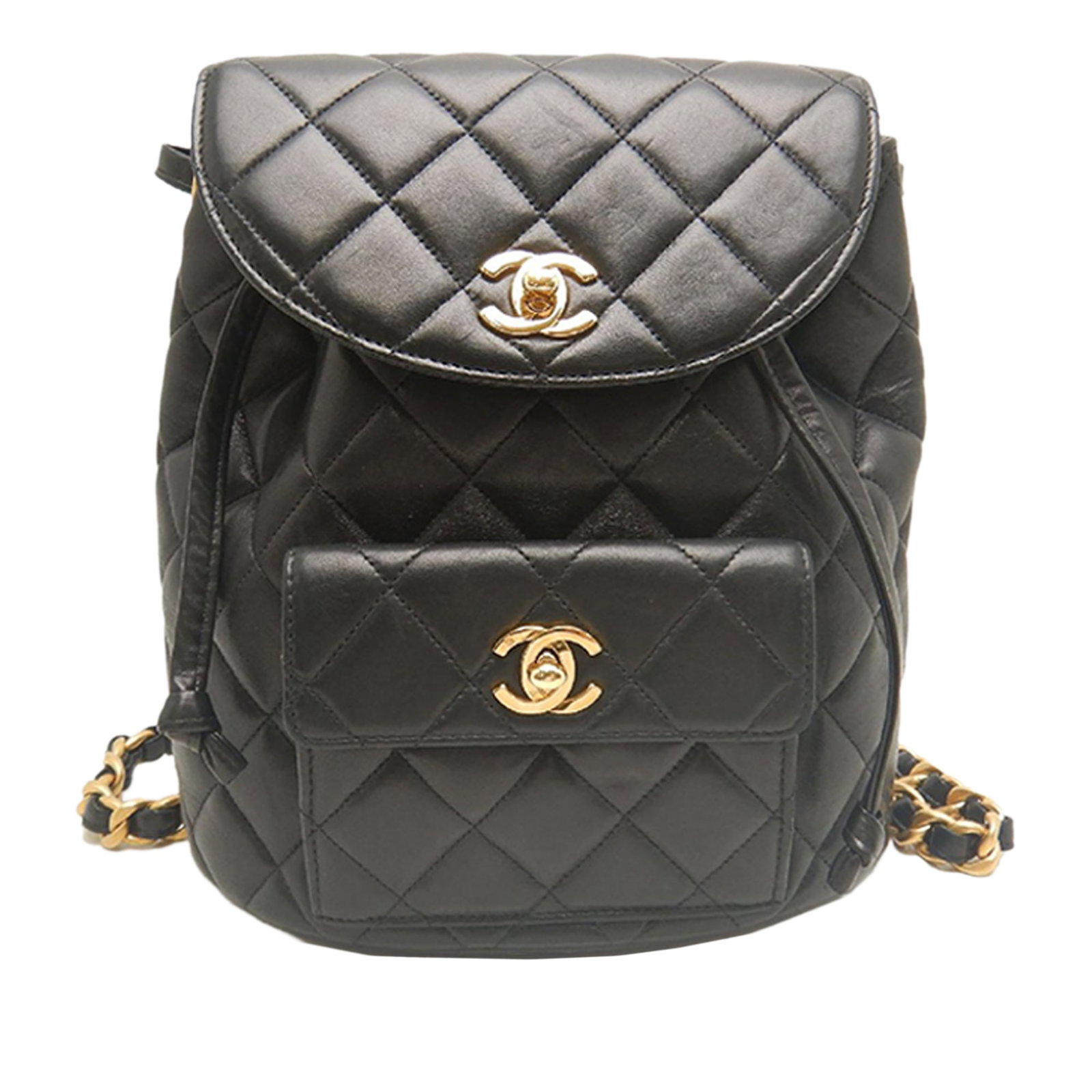 Chanel Duma Medium Backpack in Black Quilted Lambskin: Chanel Duma Medium Backpack in Black Quilted Lambskin Medium Chanel Duma backpack in black quilted lambskin leather. This backpack features leather-woven back straps, a front flap with twist lock clos