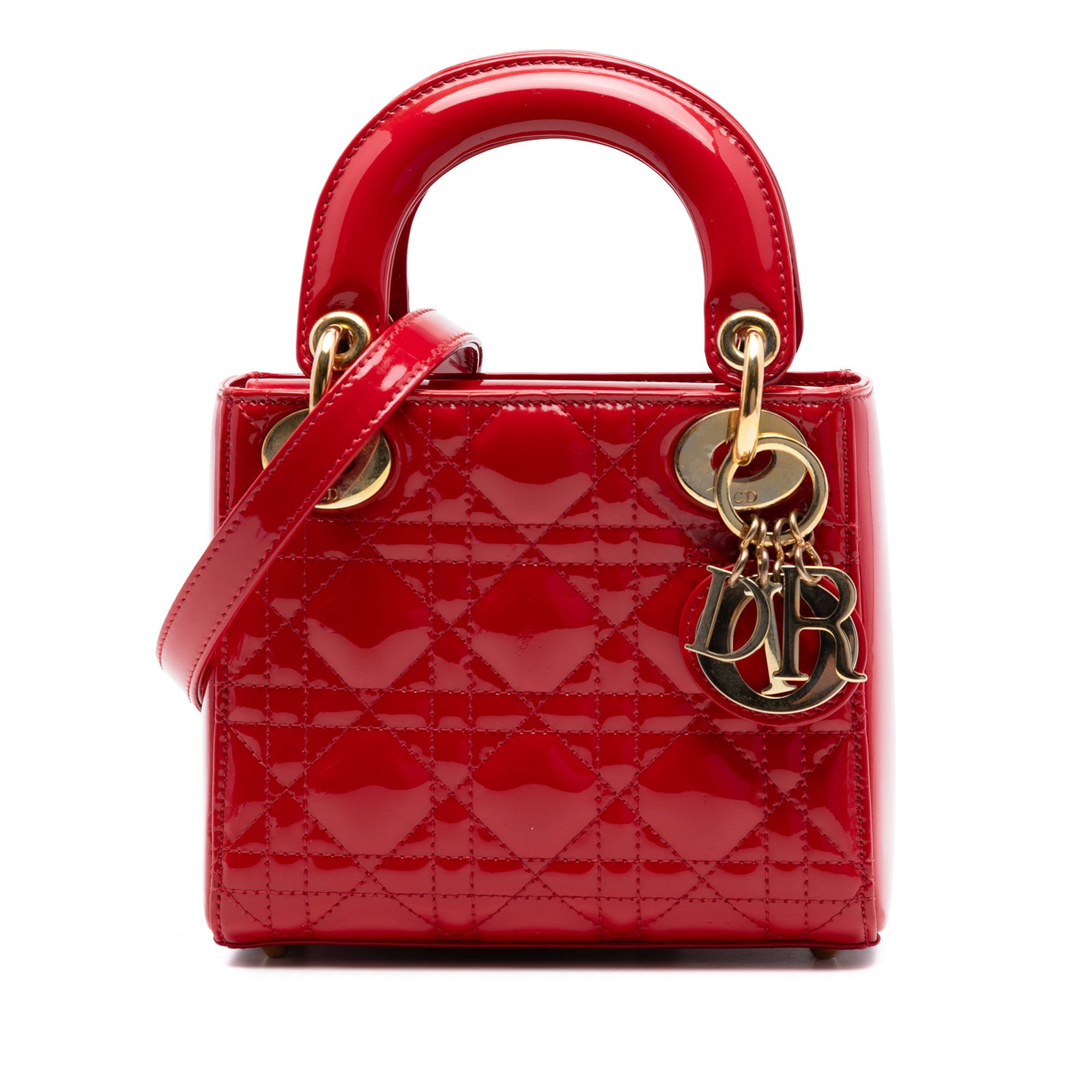 Dior Lady Dior Mini Cannage Patent Leather Bag Red: Dior Lady Dior Mini Cannage Patent Leather Bag Red This Lady Dior bag features the signature Cannage design in red patent leather with flat top handles and a detachable chain strap with a leather shou