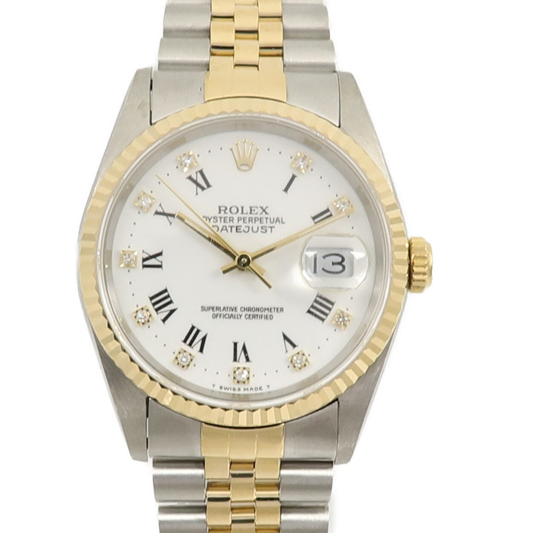 Rolex 16233G Datejust mens automatic watch steel 18K yellow gold white: Rolex 16233G Datejust mens automatic watch steel 18K yellow gold white Automatic men's wristwatch with a 36 mm stainless steel case and 18K yellow gold accents. It features a white dial, date display,
