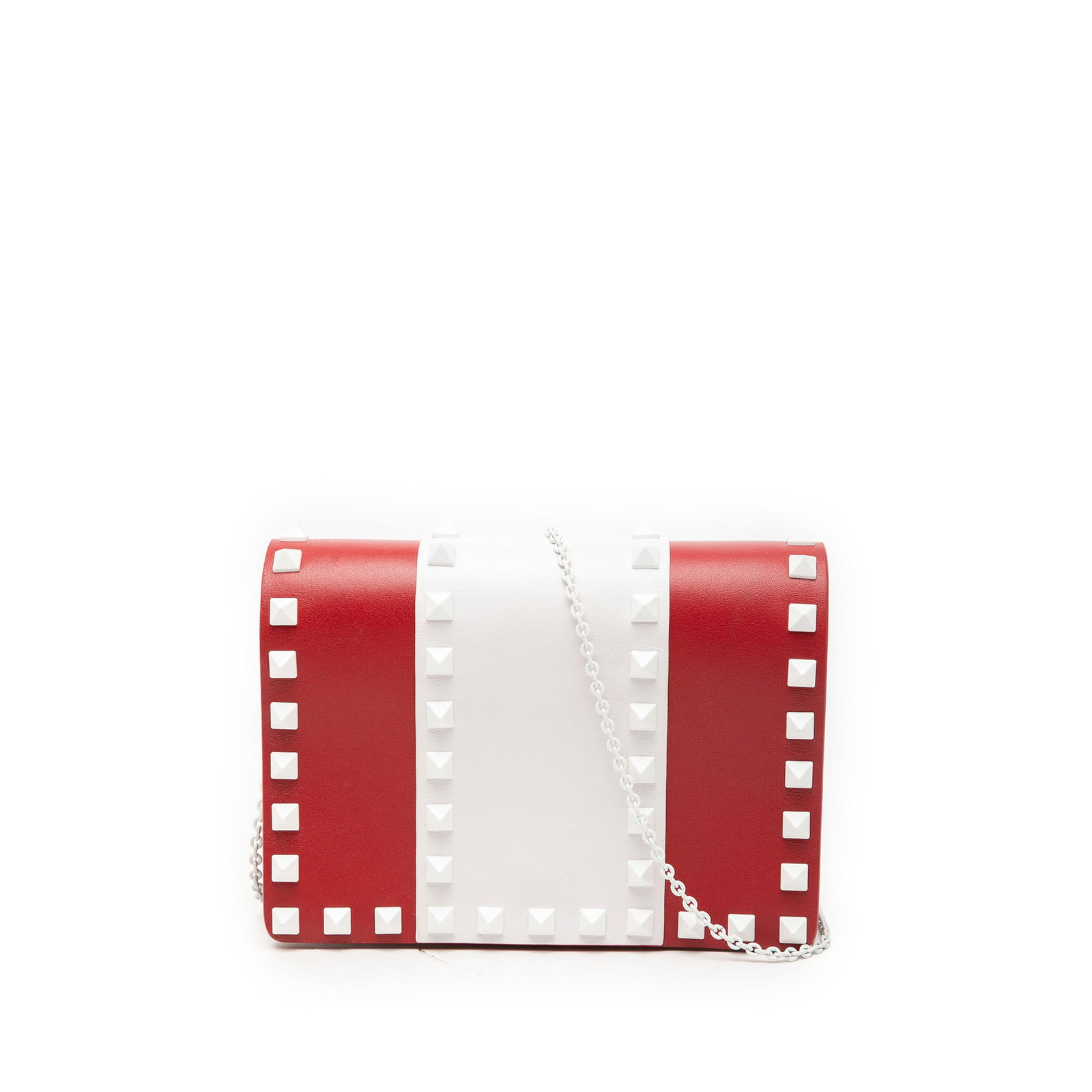 Valentino Rockstud Wallet on Chain Red Leather Colorblock Bag: Valentino Rockstud Wallet on Chain Red Leather Colorblock Bag Valentino Leather Colorblock Rockstud Wallet On Chain in red leather with stud detailing and a chain strap. The design features a front fl