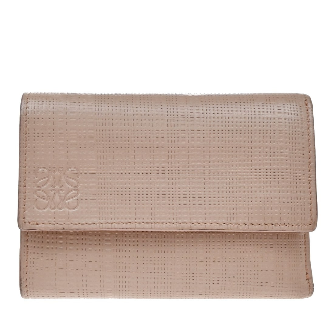 Loewe Anagram Trifold Flap Pink Leather Wallet: Loewe Anagram Trifold Flap Pink Leather Wallet Loewe Anagram Trifold Flap wallet in pink leather. Made in Spain, this compact wallet has a fair overall condition with visible signs of wear throughout.