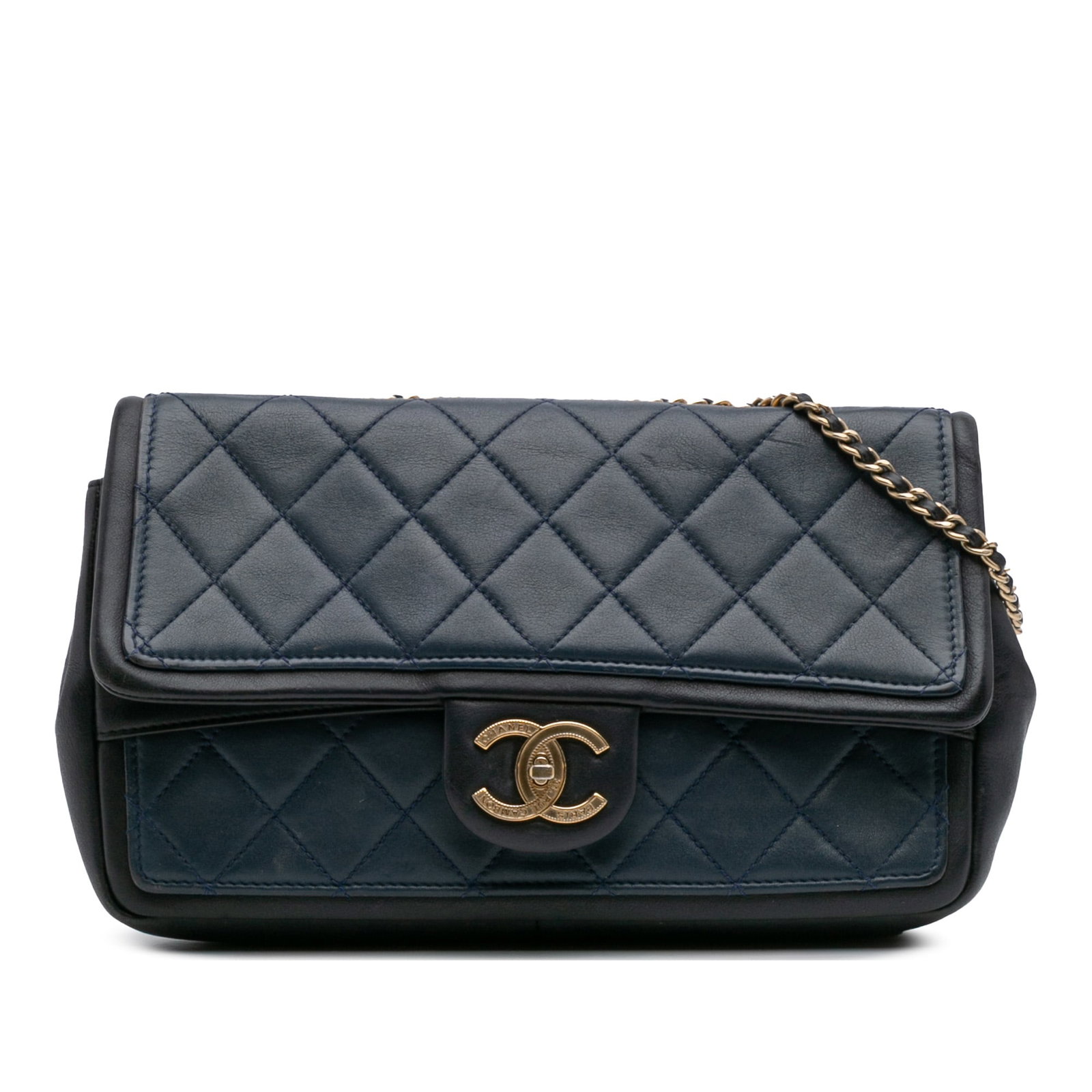 Chanel Medium Bicolor Calfskin Graphic Flap Shoulder Bag Blue: Chanel Medium Bicolor Calfskin Graphic Flap Shoulder Bag Blue This Chanel Medium Bicolor Calfskin Graphic Flap shoulder bag is crafted from high-quality leather and features a distinctive quilted desi