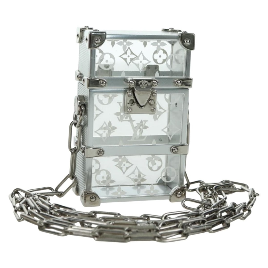 Louis Vuitton M00752 silver metal shoulder bag with box and dust bag: Louis Vuitton M00752 silver metal shoulder bag with box and dust bag Louis Vuitton Trunk Box pouch shoulder bag in silver-tone metal with a compact structured design. This women's bag includes the ori