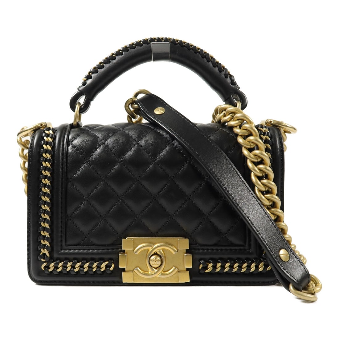 CHANEL Boy 20 Handle Shoulder Bag Black Calfskin Gold Tone Hardware: CHANEL Boy 20 Handle Shoulder Bag Black Calfskin Gold Tone Hardware CHANEL Boy 20 shoulder bag with handle and crossbody chain strap in black calfskin. This women's bag features the signature CC desig