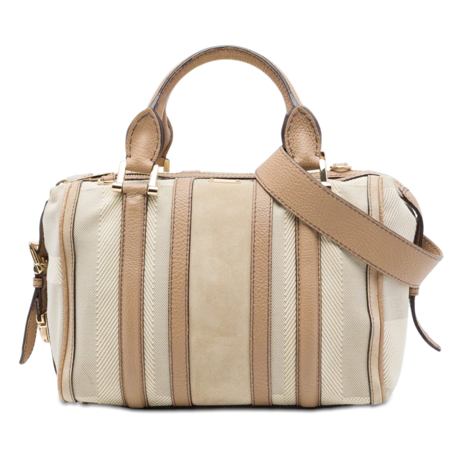 Burberry Nevinson Canvas Satchel with Suede Trim and Leather Strap: Burberry Nevinson Canvas Satchel with Suede Trim and Leather Strap This Burberry Nevinson bowling bag features a canvas body with calf leather and suede trim, rolled leather handles, an adjustable and