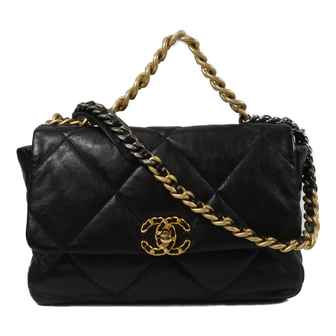 CHANEL Chanel 19 Large Lambskin 2way Shoulder Bag AS1161 Black: CHANEL Chanel 19 Large Lambskin 2way Shoulder Bag AS1161 Black Chanel 19 large chain shoulder bag in black lambskin leather with CC turn-lock closure and a 2-way shoulder design. The bag features an e