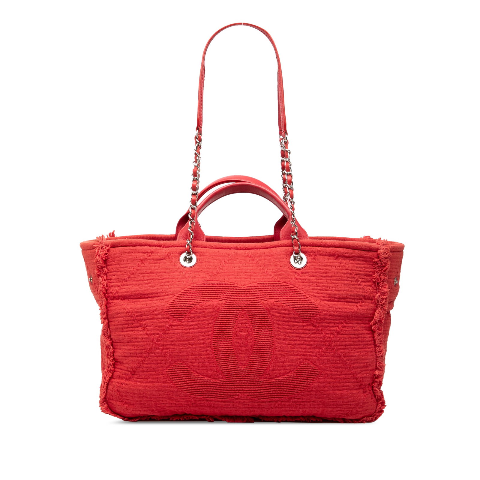 Chanel Deauville Medium Double Face Quilted Canvas Tote Red: Chanel Deauville Medium Double Face Quilted Canvas Tote Red This Chanel Medium CC Quilted Canvas Double Face Deauville Tote is crafted with a canvas body and cotton trim, featuring flat top leather ha