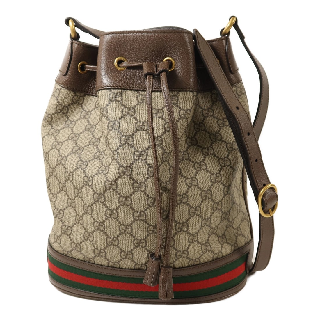 GUCCI Ophidia Bucket Shoulder Bag Brown PVC Coated Canvas 540457 96I3T 8745: GUCCI Ophidia Bucket Shoulder Bag Brown PVC Coated Canvas 540457 96I3T 8745 Gucci Ophidia bucket shoulder bag in brown PVC coated canvas, designed for women. It features a regular size profile with a 