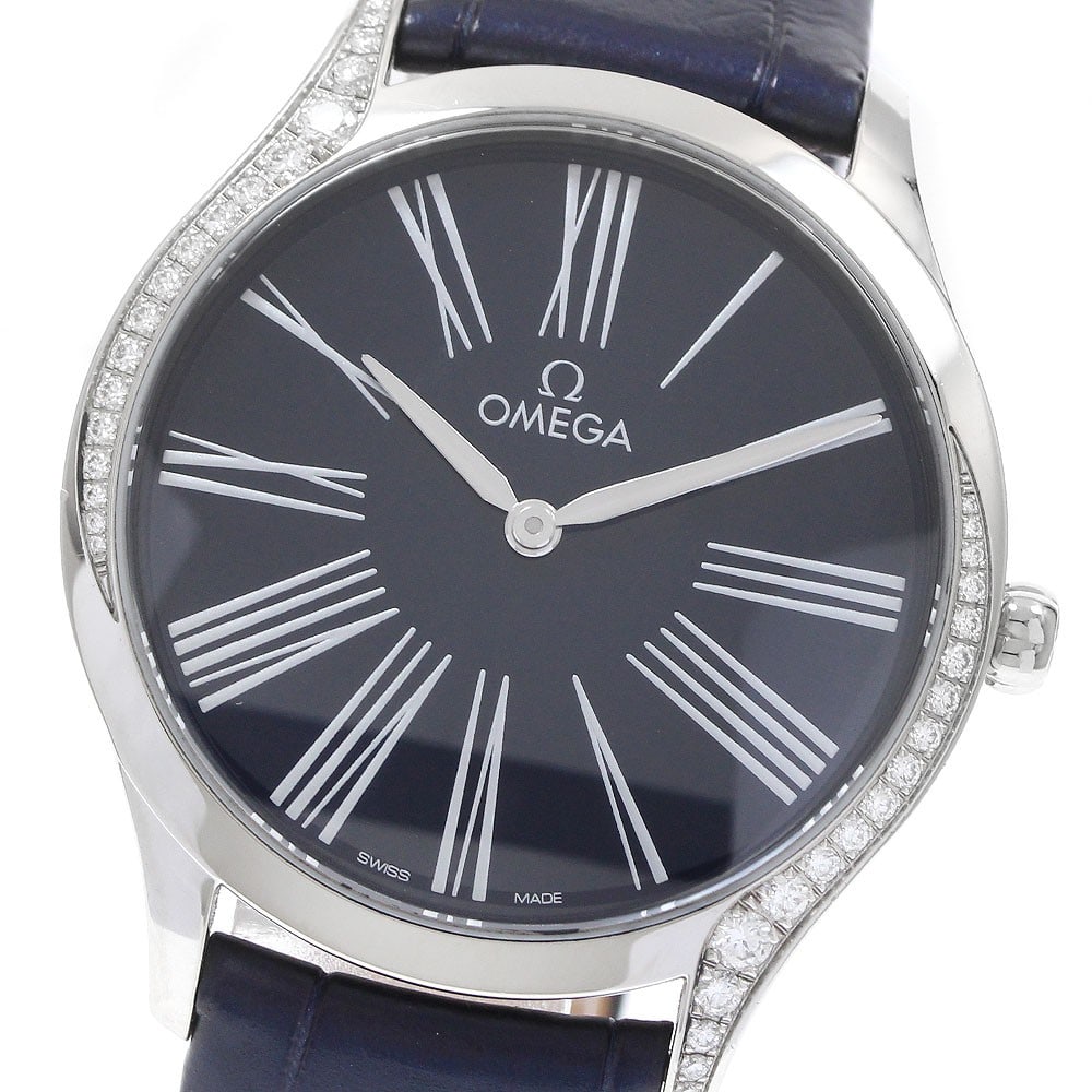 OMEGA De Ville Tresor Women's Quartz Watch Ref 428.18.36.60.03.001: OMEGA De Ville Tresor Women's Quartz Watch Ref 428.18.36.60.03.001 Pre-owned OMEGA De Ville Tresor ladies wristwatch with a diamond bezel and quartz movement. This watch features a navy dial, stainles