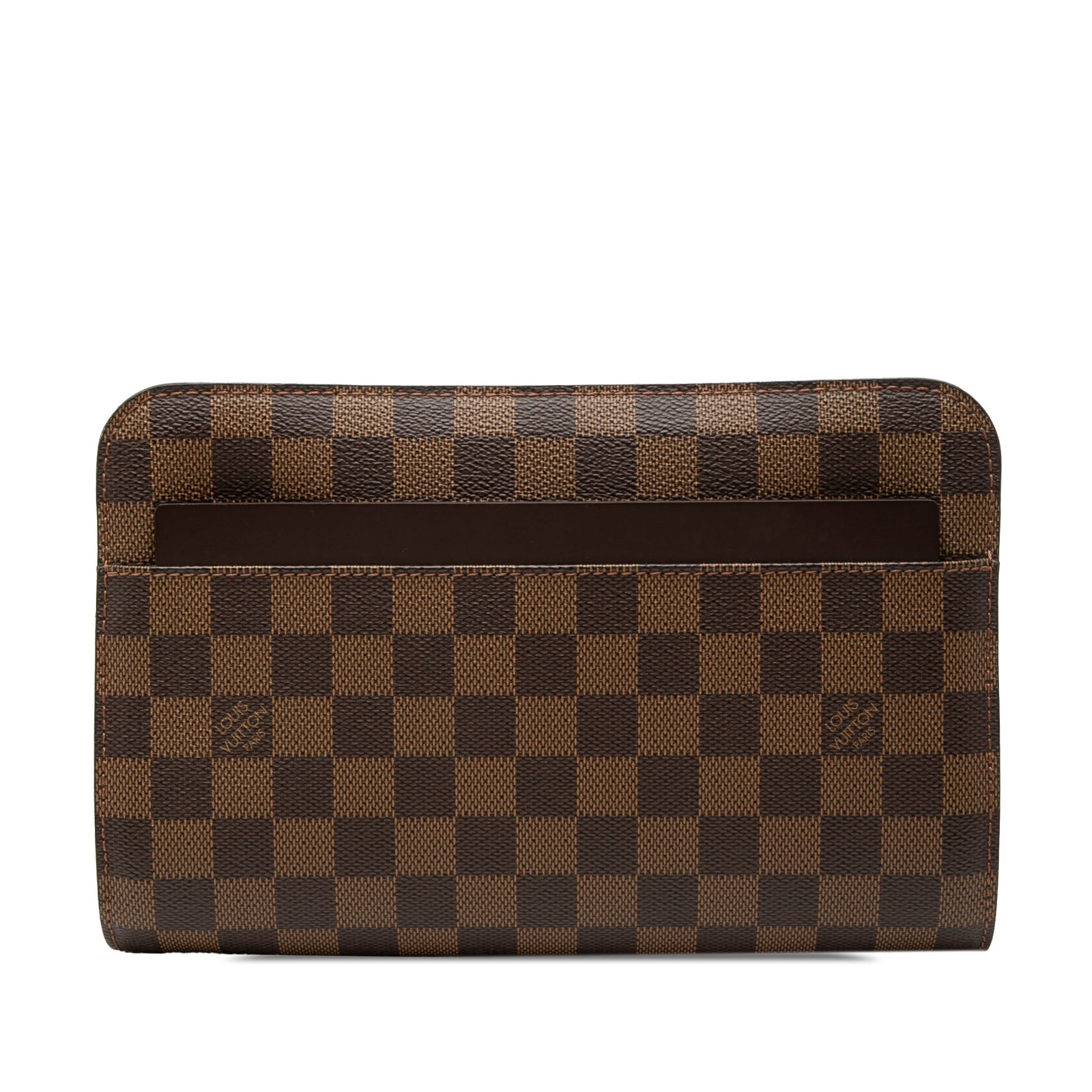 Louis Vuitton Saint Louis Pochette Damier Ebene Brown Pouch: Louis Vuitton Saint Louis Pochette Damier Ebene Brown Pouch Louis Vuitton Damier Ebene Saint Louis Pochette in brown fabric with leather trim. This pochette features a top zip closure, an exterior sli