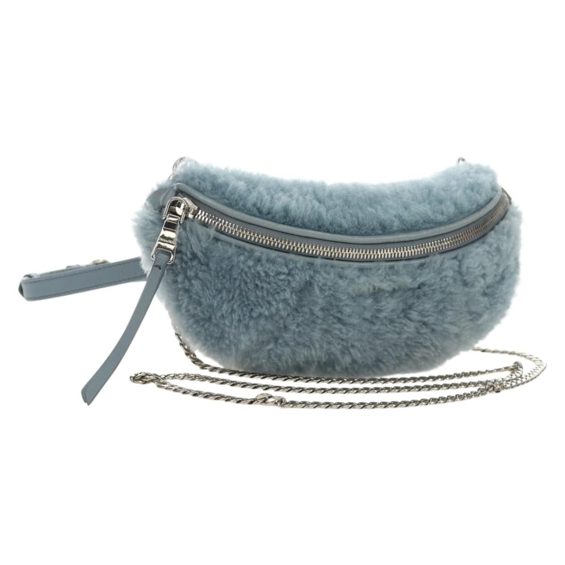 Miu Miu Fur Shoulder Bag in Blue with Silver Chain: Miu Miu Fur Shoulder Bag in Blue with Silver Chain This Miu Miu shoulder bag is crafted from fur in a blue and silver color combination. It features a chain shoulder strap with an approximate drop of 