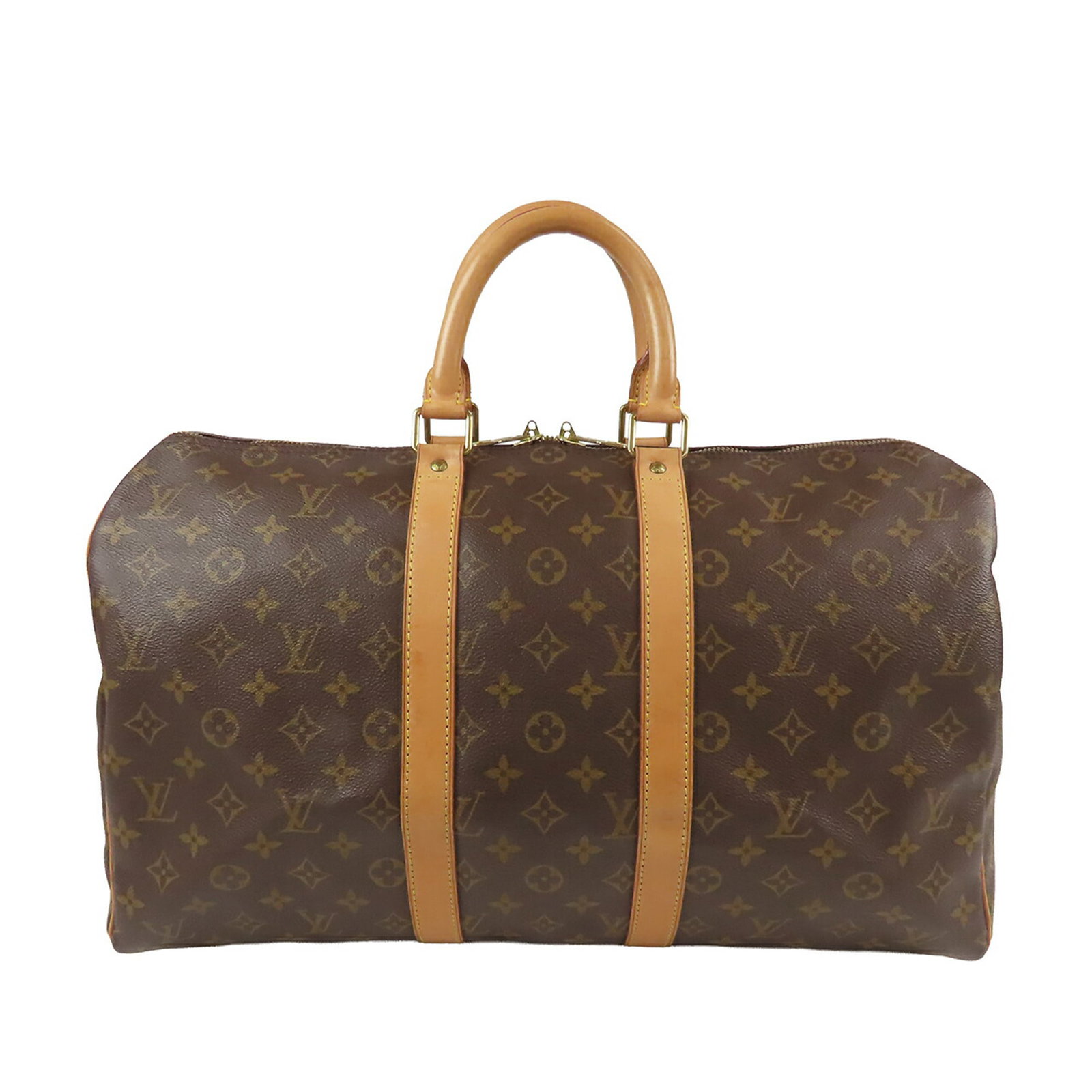 Louis Vuitton Keepall 45 Monogram Canvas Travel Bag: Louis Vuitton Keepall 45 Monogram Canvas Travel Bag Louis Vuitton Monogram Keepall 45 travel bag in brown monogram canvas with vachetta leather trim, rolled vachetta leather handles, and a top zip clo