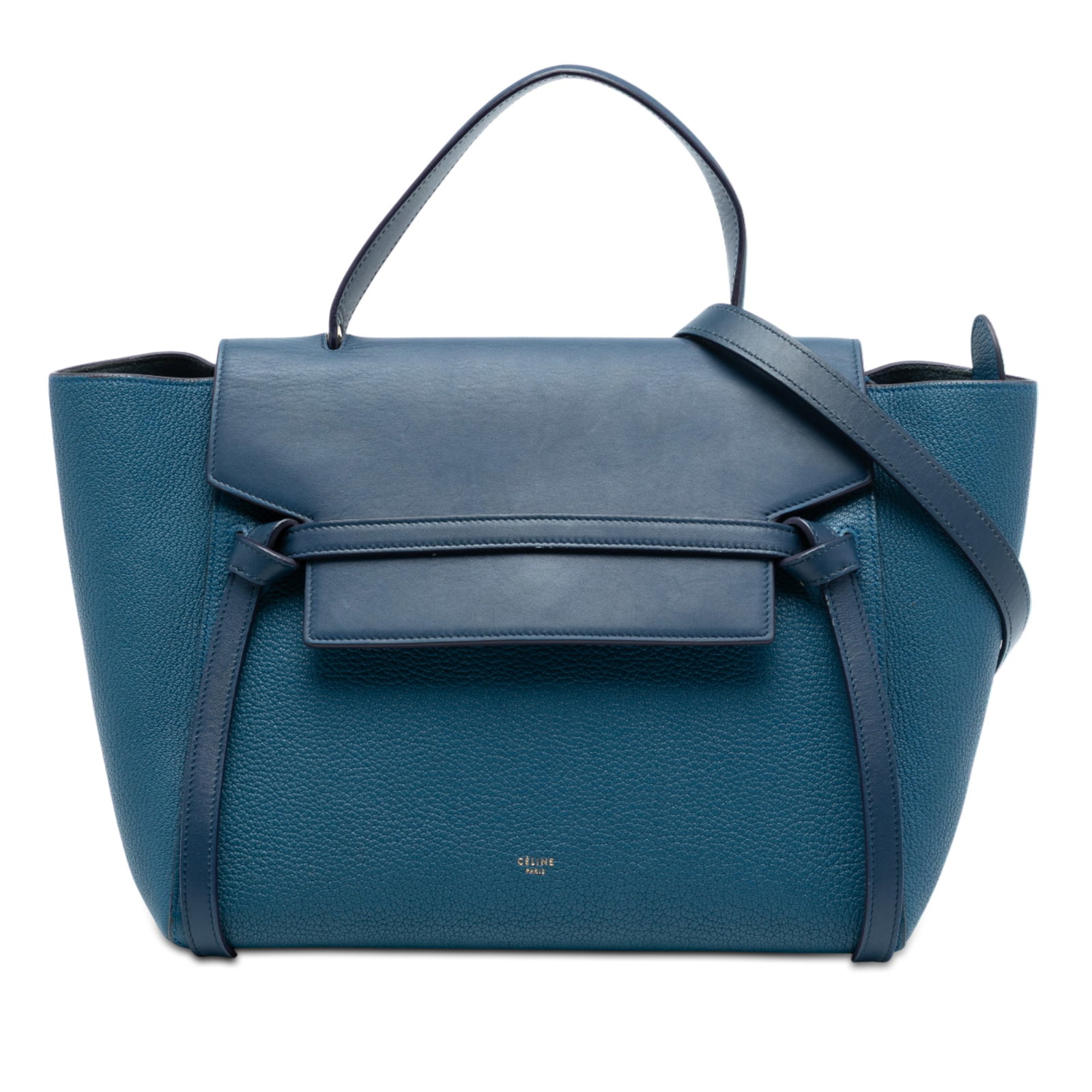 Celine Mini Belt Satchel in Grained and Smooth Calf Leather: Celine Mini Belt Satchel in Grained and Smooth Calf Leather The Celine Mini Grained and Smooth Calfskin Belt Bag is crafted from blue grained calf leather and features a structured satchel design. It 