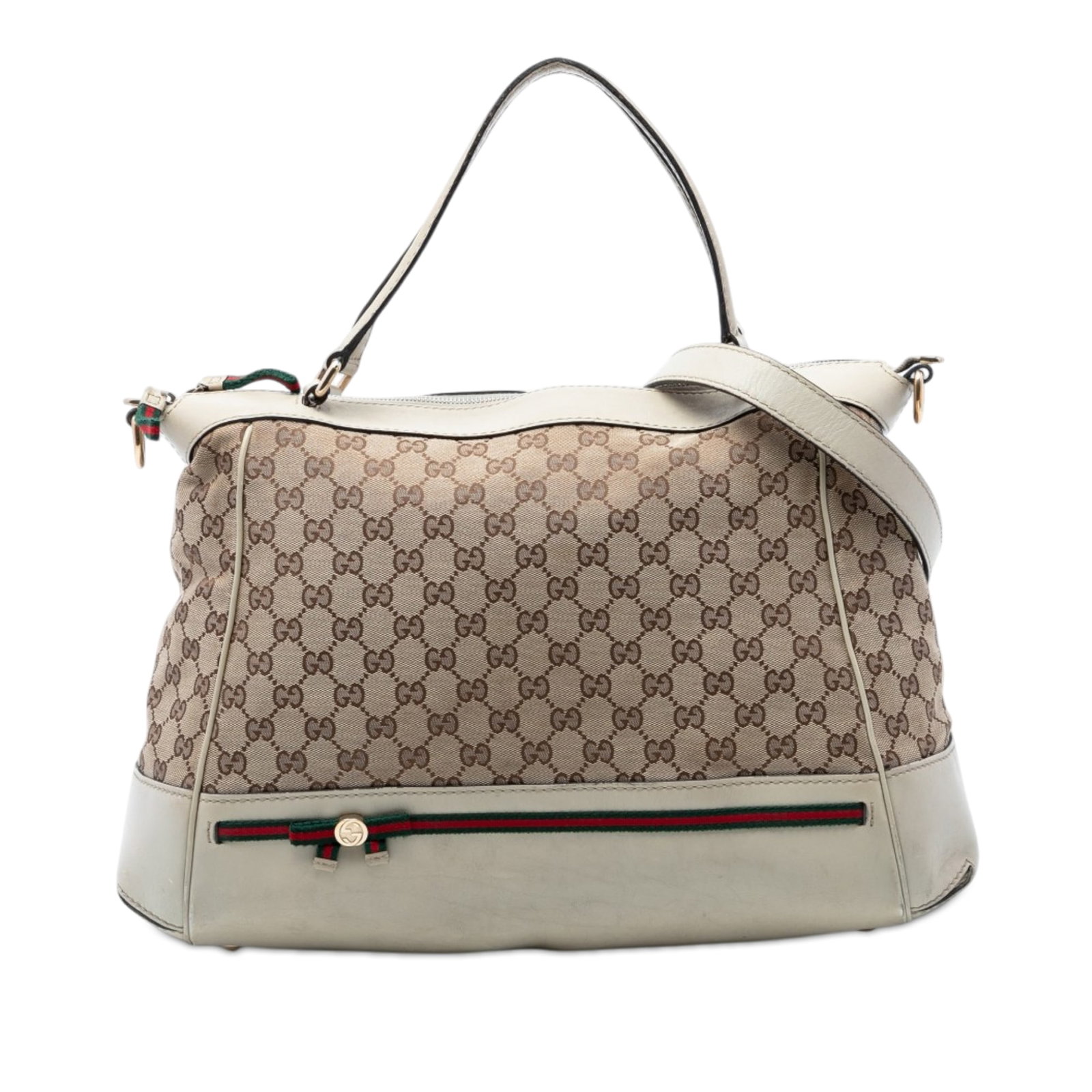 Gucci Mayfair Satchel in Beige GG Canvas with Web Stripe: Gucci Mayfair Satchel in Beige GG Canvas with Web Stripe Gucci GG Canvas Web Mayfair satchel with leather trim, flat leather handles, a detachable flat leather strap, and a top zip closure. The interi