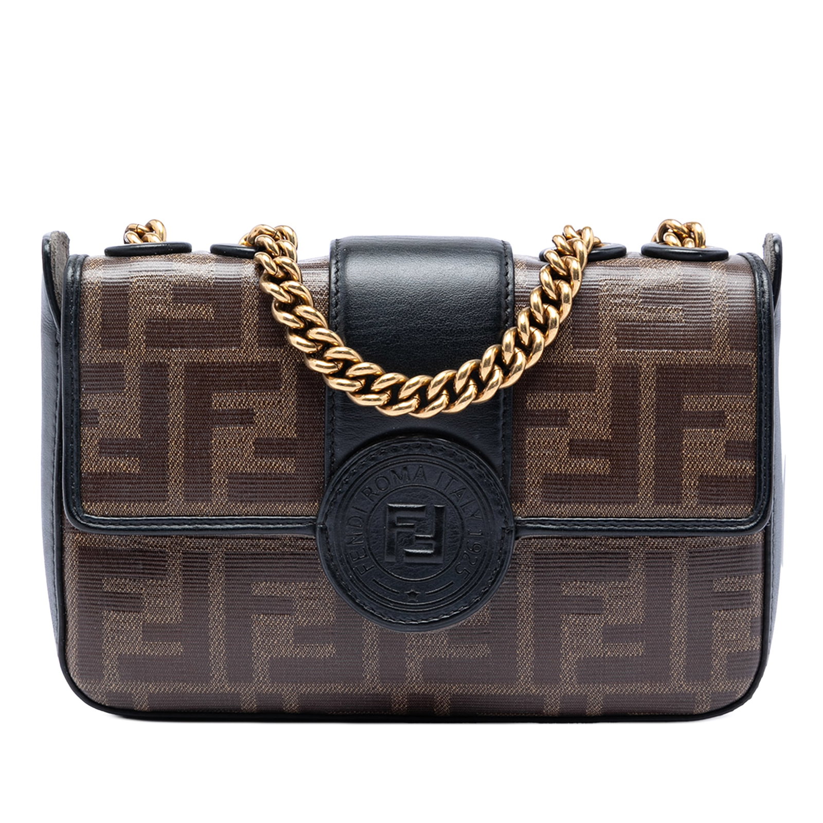 Fendi Mini FF 1974 crossbody bag glazed fabric brown: Fendi Mini FF 1974 crossbody bag glazed fabric brown Fendi Mini FF 1974 glazed fabric stamp patch crossbody bag with a coated canvas body, leather trim, and chain link shoulder strap. The design featu