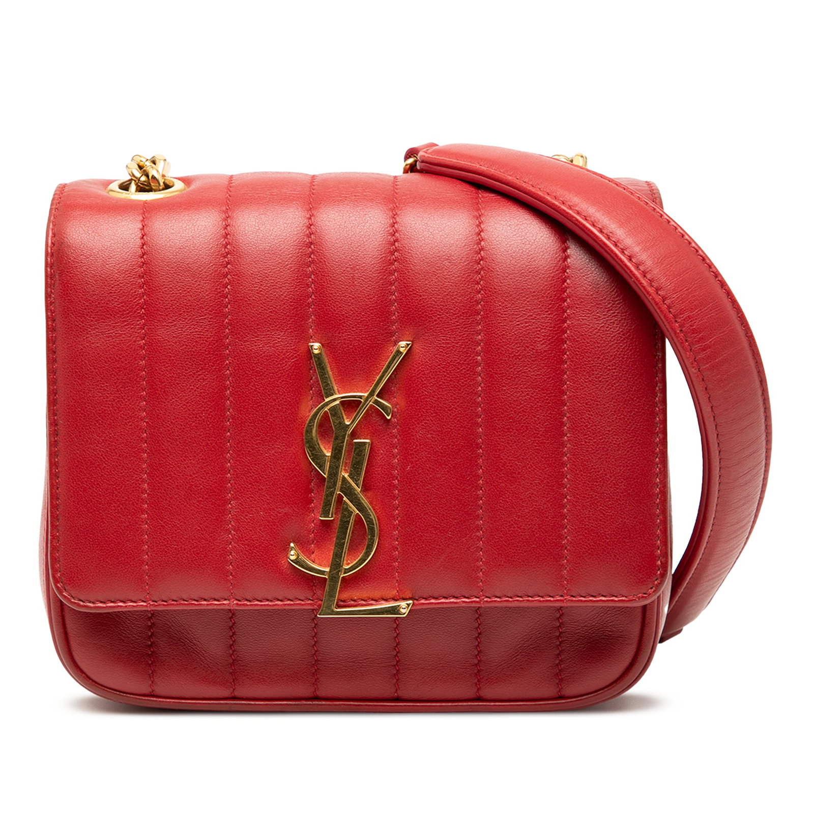 Saint Laurent Vicky Small Red Quilted Lambskin Monogram Chain Shoulder Bag: Saint Laurent Vicky Small Red Quilted Lambskin Monogram Chain Shoulder Bag This Saint Laurent Small Lambskin Monogram Vicky Chain Bag features a quilted red lambskin leather exterior, a chain link str