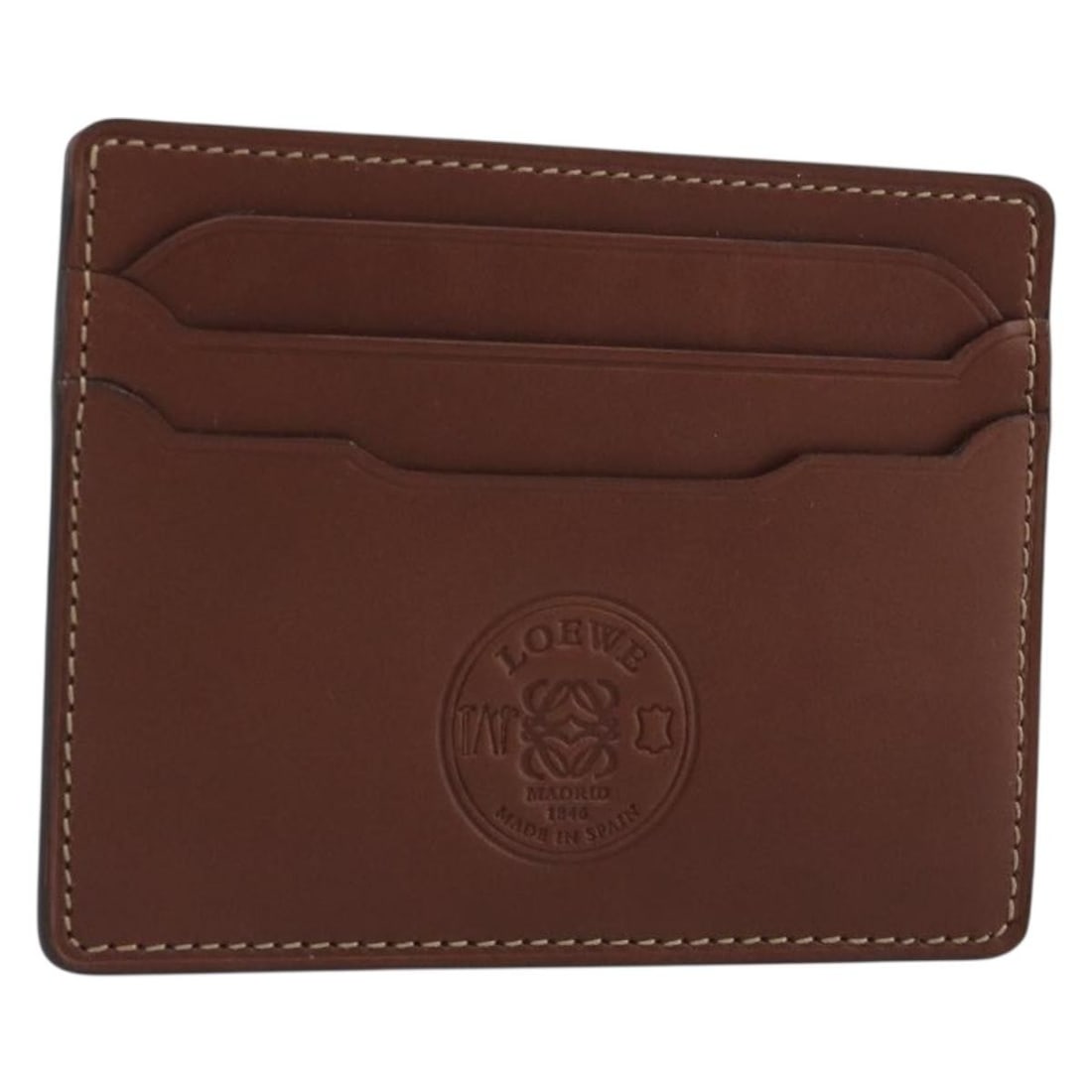 LOEWE Brown Leather Card Case with Dust Bag Box: LOEWE Brown Leather Card Case with Dust Bag Box Authentic LOEWE brown leather card case made in Spain. This compact design includes the original dust bag and item box. Condition is rated A, with the e